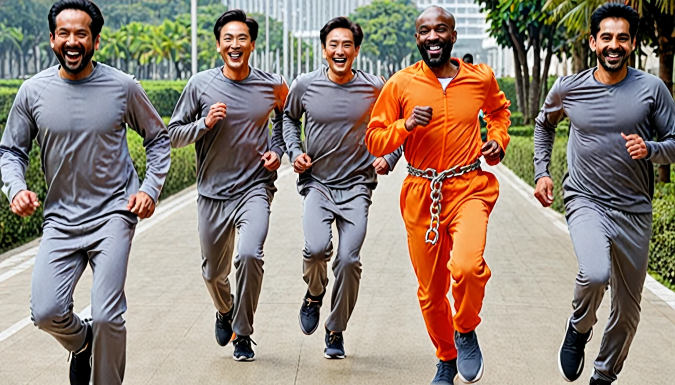 4 men chained together at the waist running, 3 men behind in gray clothes, 1 man in front, well highlighted in opaque orange clothing, detailded, in front of everyone, men smiling