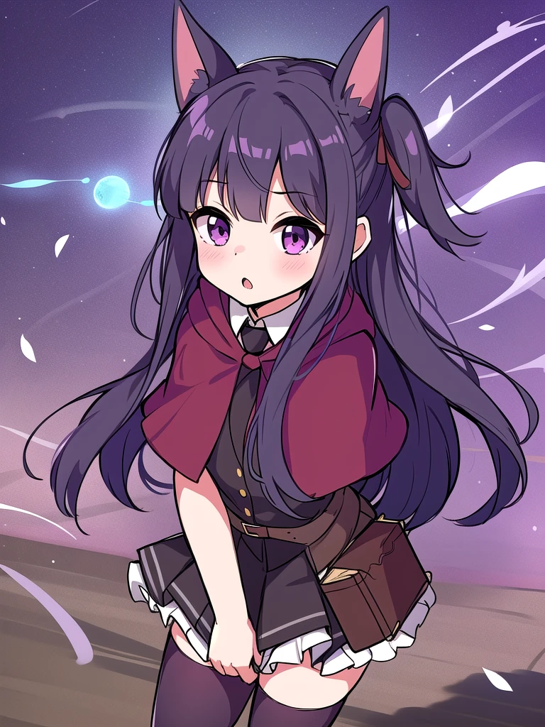 absurdres, highres, ultra detailed, kasumi, very long hair, black hair ribbon, dog_ears, purple eyes, necktie, collared shirt, black thighhighs, vest, (red capelet:1.1), pleated skirt, frills, black gloves, belt, book, HeadpatPOV, pov, headpat, :o, oudoors, nature