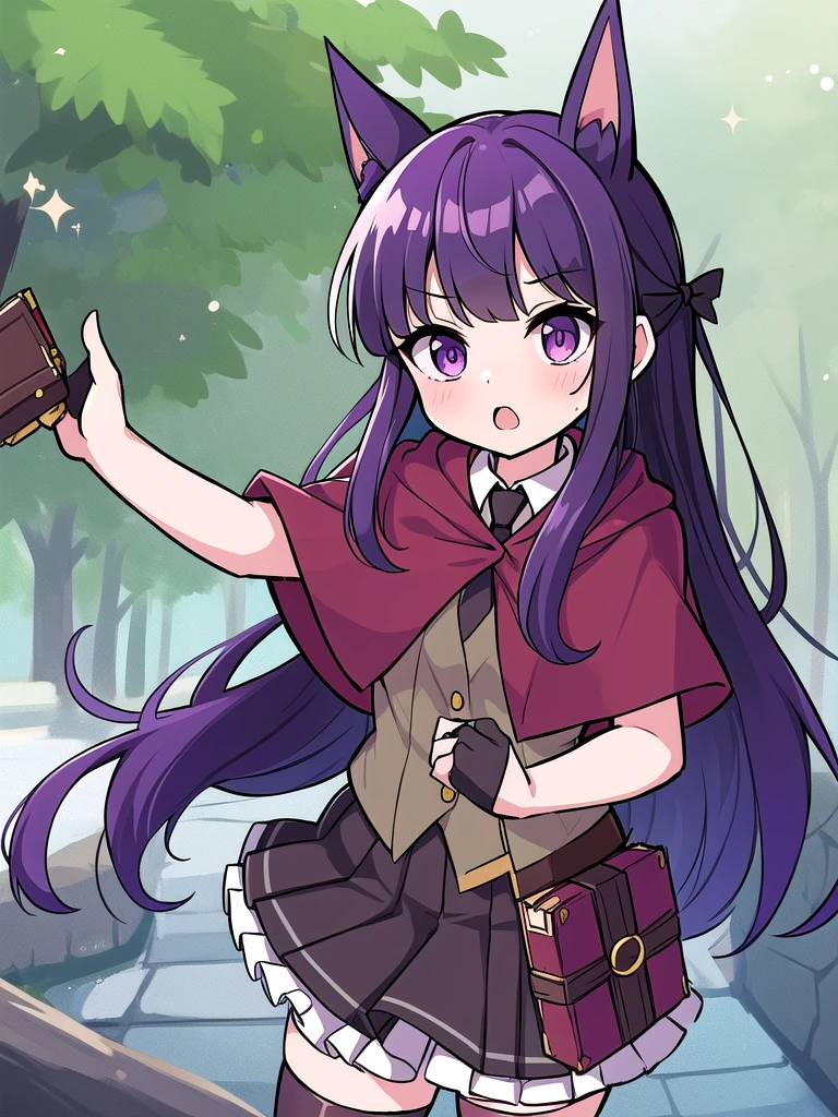 absurdres, highres, ultra detailed, kasumi, very long hair, black hair ribbon, dog_ears, purple eyes, necktie, collared shirt, black thighhighs, vest, (red capelet:1.1), pleated skirt, frills, black gloves, belt, book, HeadpatPOV, pov, headpat, :o, oudoors, nature