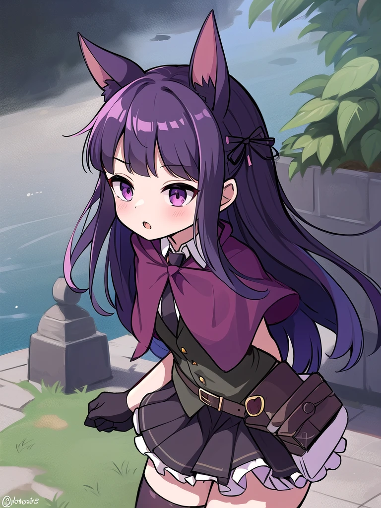 absurdres, highres, ultra detailed, kasumi, very long hair, black hair ribbon, dog_ears, purple eyes, necktie, collared shirt, black thighhighs, vest, (red capelet:1.1), pleated skirt, frills, black gloves, belt, book, HeadpatPOV, pov, headpat, :o, oudoors, nature