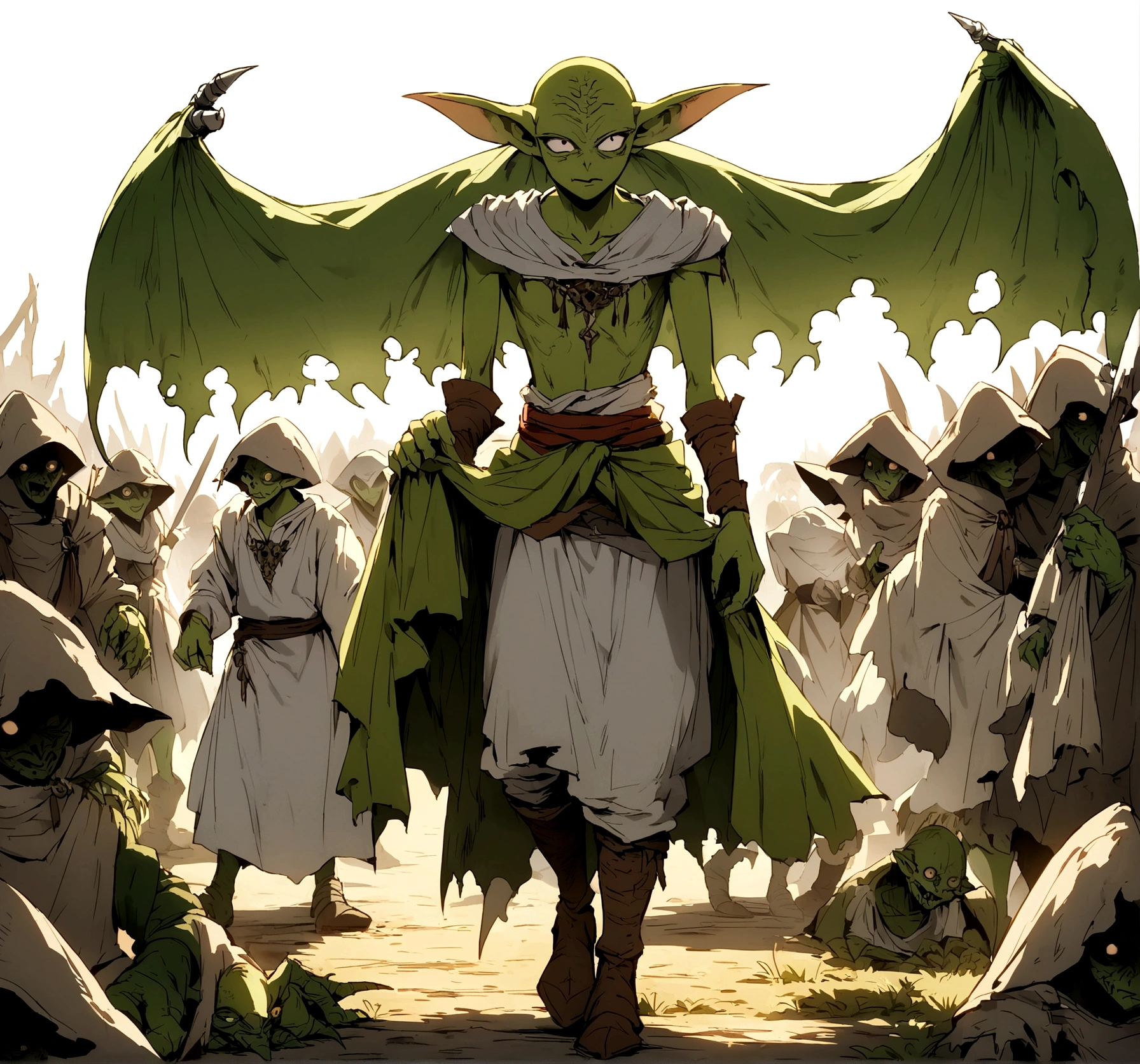 fantasy medieval goblins scary small green no armour no cloths looks savage and barbaric wearing cloth around his waist scary looking full body turn around skinny no muscles, white background