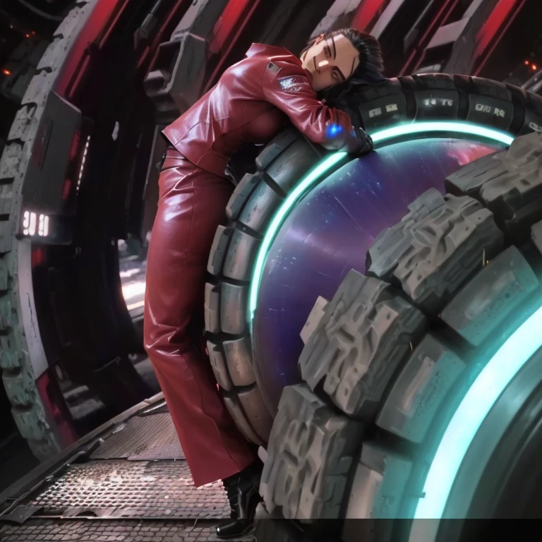 arafed woman leaning on a large tire in a futuristic environment, Akira CGI Movie Stills, depicted as a science fiction scene, VFX Action Shot, movie action frame, Epic Sci-Fi Movie Still, vfx shooting, science fiction movie still, close up photography, movie screenshot, an Epic Sci-Fi Movie Still, in a science fiction movie, CGI Special Effects