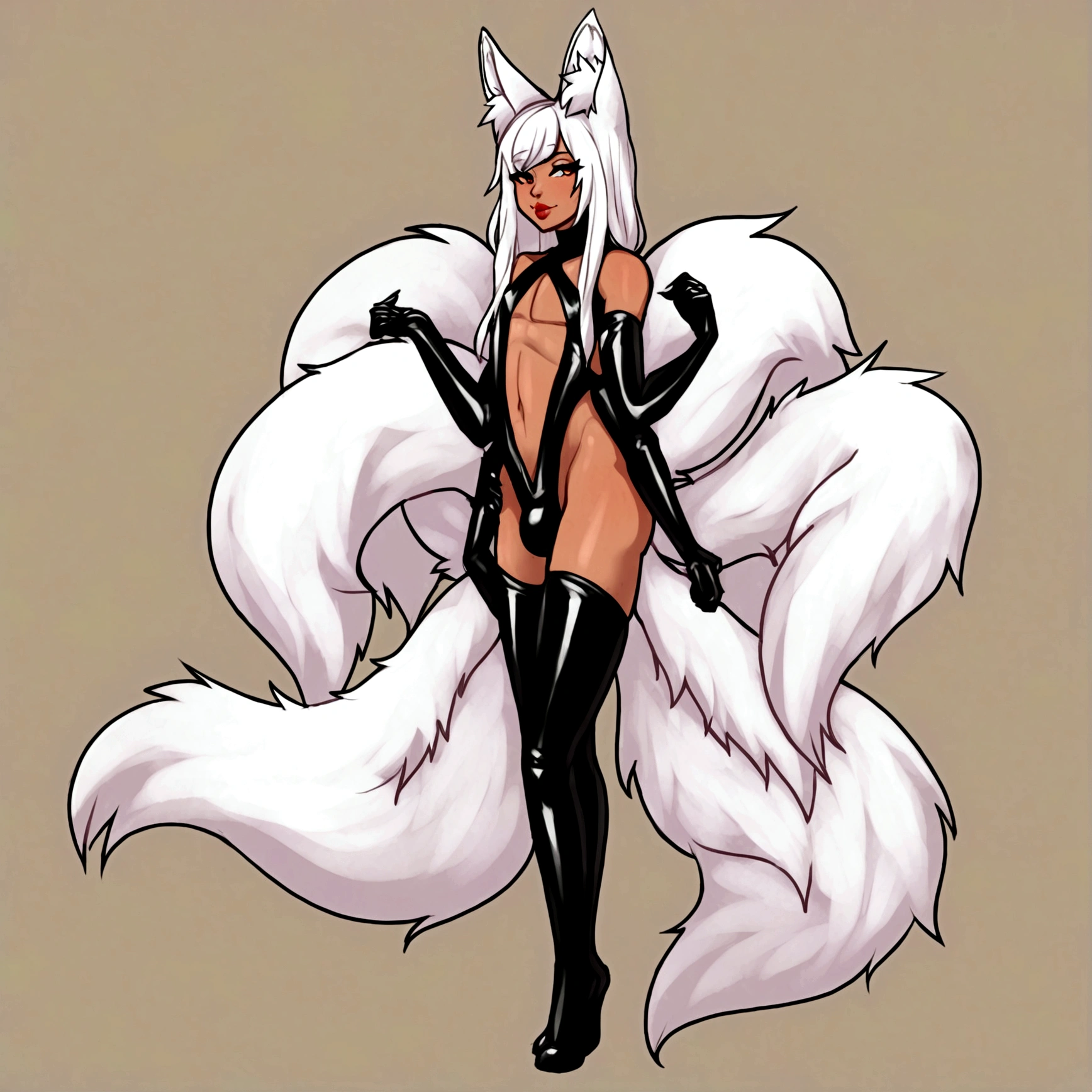 Femboy, long white hair, geisha outfit, fox ears, 9 fox tails, 4 arms, full body.