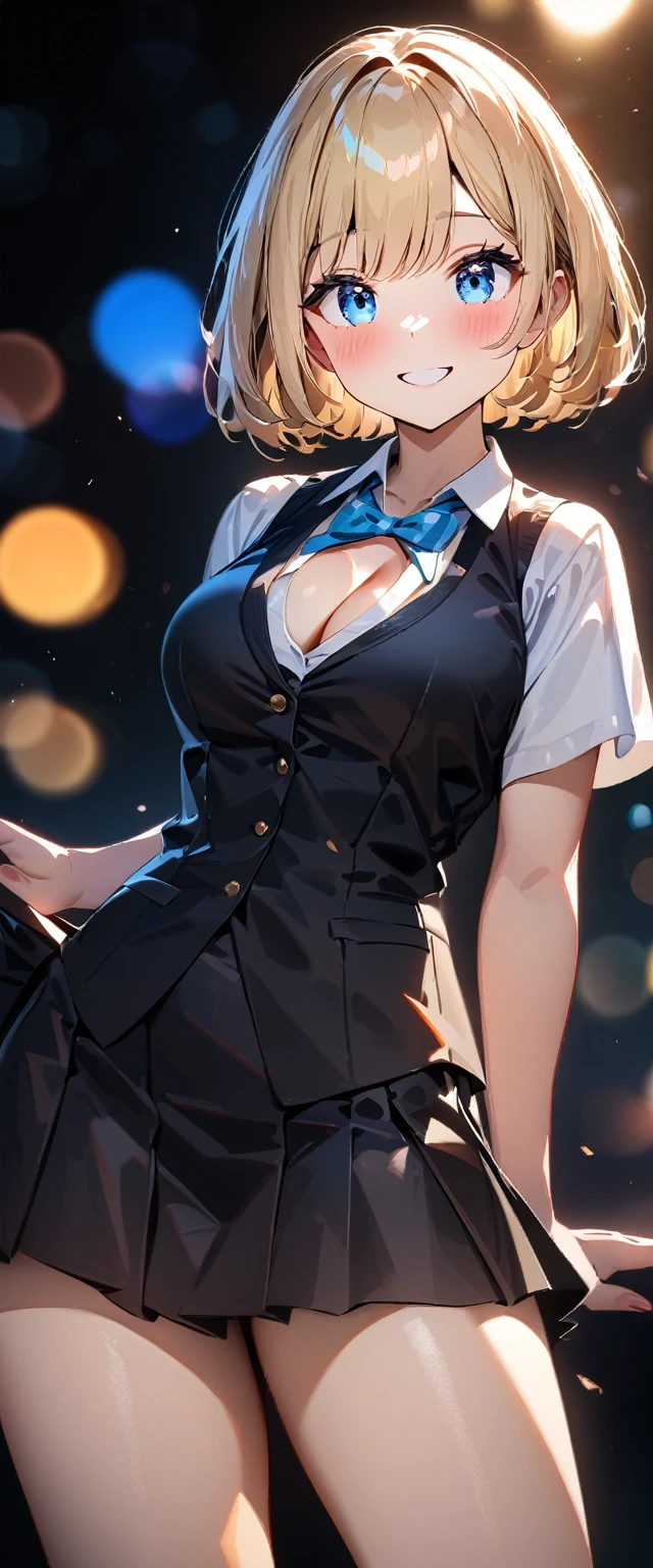 (((One girl))), blond hair, bob cut, (cowboy shot), (looking at viewer), face in focus, breasts, teenager, head tilt:1.3, (((blue eye))), ((happy smile)), ((blush)), contrapposto, school summer uniform, white shirts, skirt, black waistcoat, ((cleavage)), anime style, (best quality, 4k, 8k, highres, masterpiece:1.2, ultra-detailed, ultra-detailed eyes, HDR, UHD, studio lighting, ultra-fine painting, sharp focus, physically-based rendering, extreme detail description, professional, vivid colors, bokeh)
