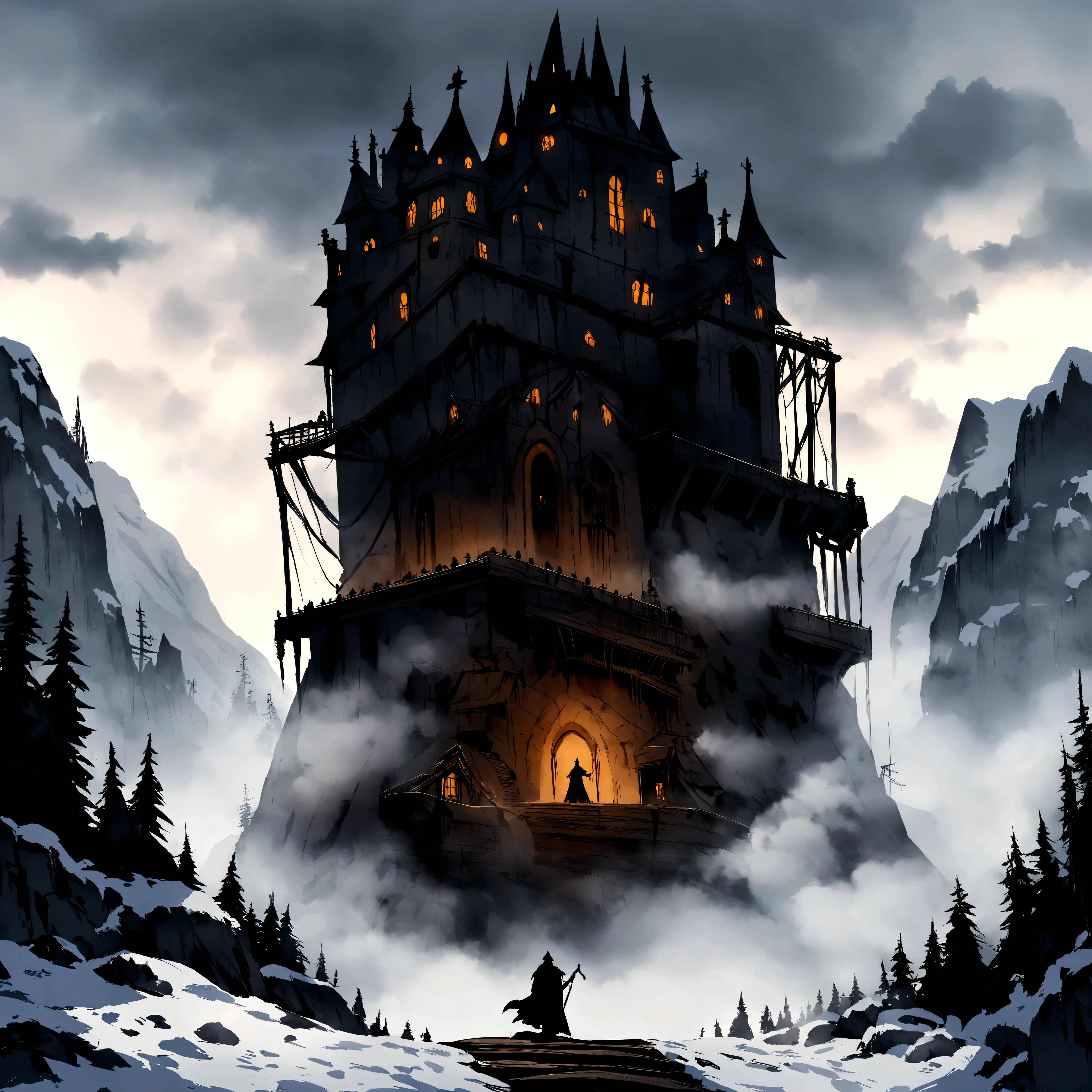 Medieval creepy monastery on top of a snowy mountain with fog and snow. Bridge of ropes and wood to reach it with an abyss below. gothic style painting. Evil is present and horror is in the late afternoon