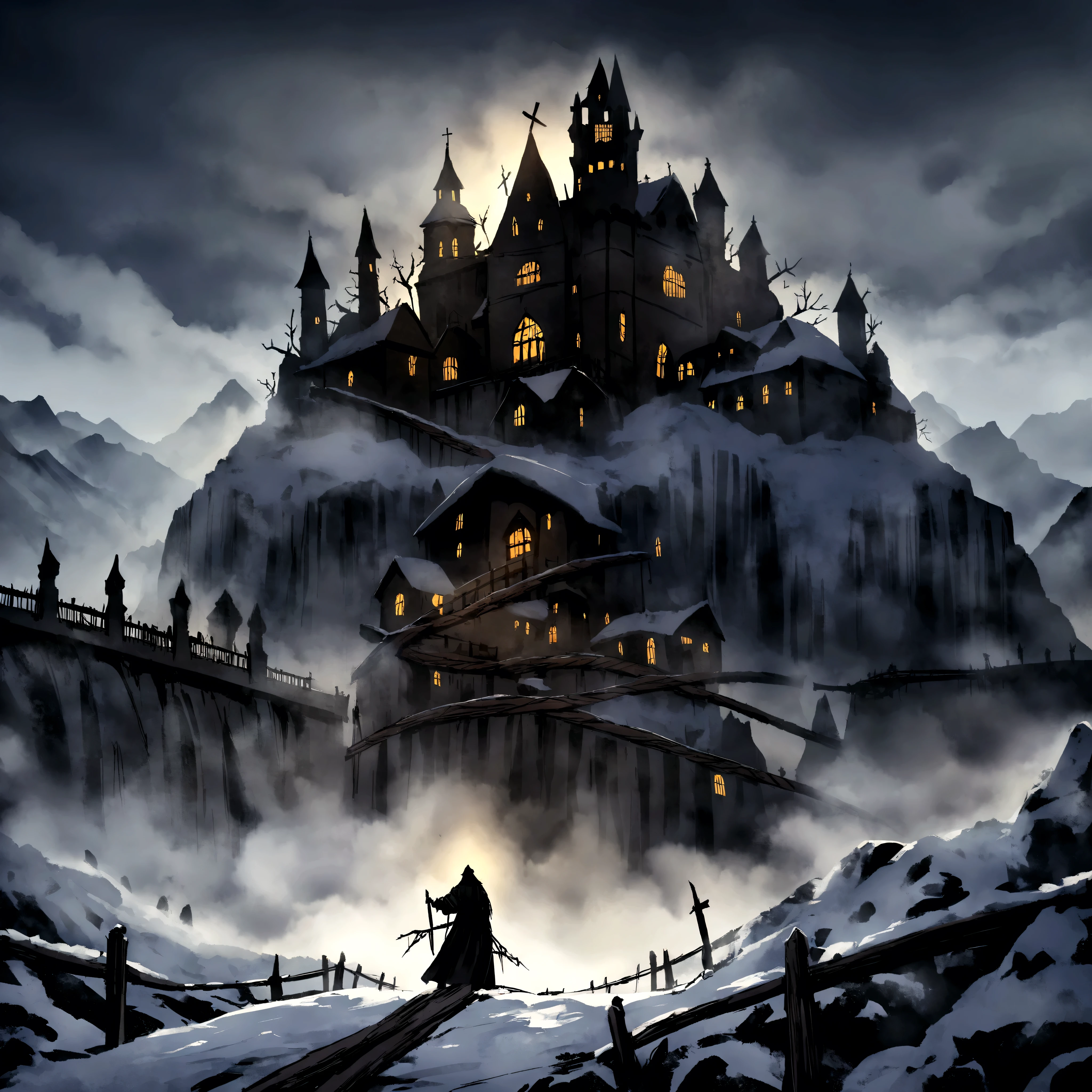 Medieval creepy monastery on top of a snowy mountain with fog and snow. Bridge of ropes and wood to reach it with an abyss below. gothic style painting. Evil is present and horror is in the late afternoon