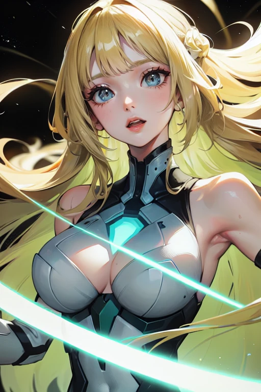 a thin woman with long blonde hair, woman has green eyes, sexy sci-fi outfit . best quality, adorable, ultra-detailed, illustration, complex, detailed, extremely detailed, detailed face, soft light, soft focus, perfect face. illustration:full body