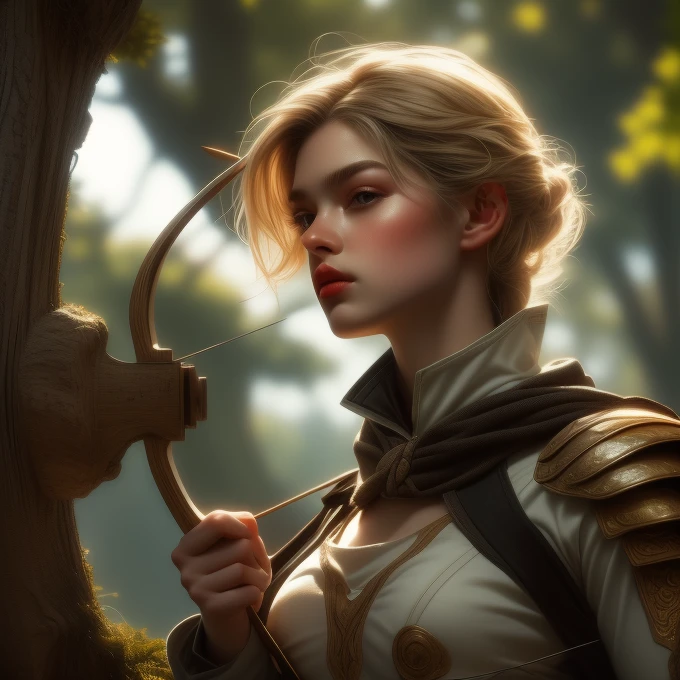 (An archer loads an arrow into a long bow, pulls the bowstring and aims at his prey.:1.5)、Medieval Fantasy Archer:1.3、Exquisitely detailed skin、Detailed facial features、Beautifully detailed eyes、Beautifully detailed lips、Highly detailed face、Long eyelashes、blonde、Very beautiful hair、Flowing Hair、Big Breasts、Narrow waist、Big Butt、Ideal proportions、Archer's Pose:1.3、Medieval elegant dress、Leather Armor、The background is deep in the forest、sunset、wood々Overgrown and dim、Detailed Background、(Highest quality、8K、High resolution、masterpiece:1.2)、Super detailed、(Real、Photorealistic、Photorealistic:1.37), "game icon institute
