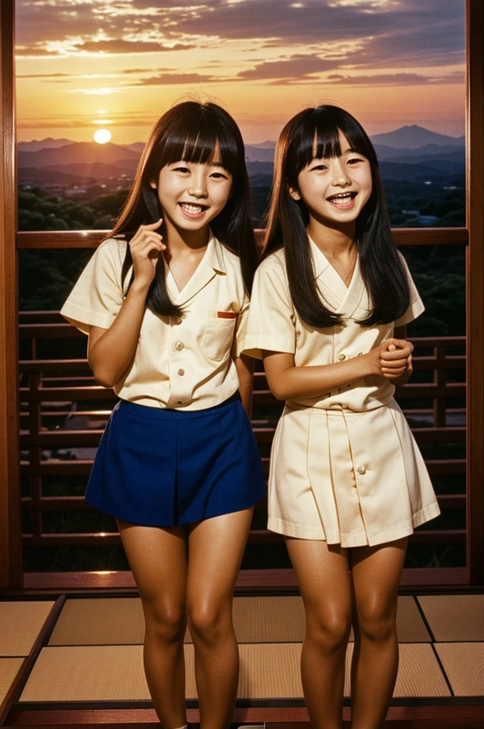 Japanese room in 1970, Japanese twin sisters laugh at the sunset in their brother&#39;s room 