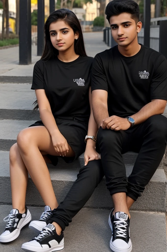 Create a 3D illusion for a profile picture where
a cute boy in a black shirt shirt Sitting
casually name . ubaid on a propose a girl Wearing
sneakers, he looks ahead. The background
features "Rian '