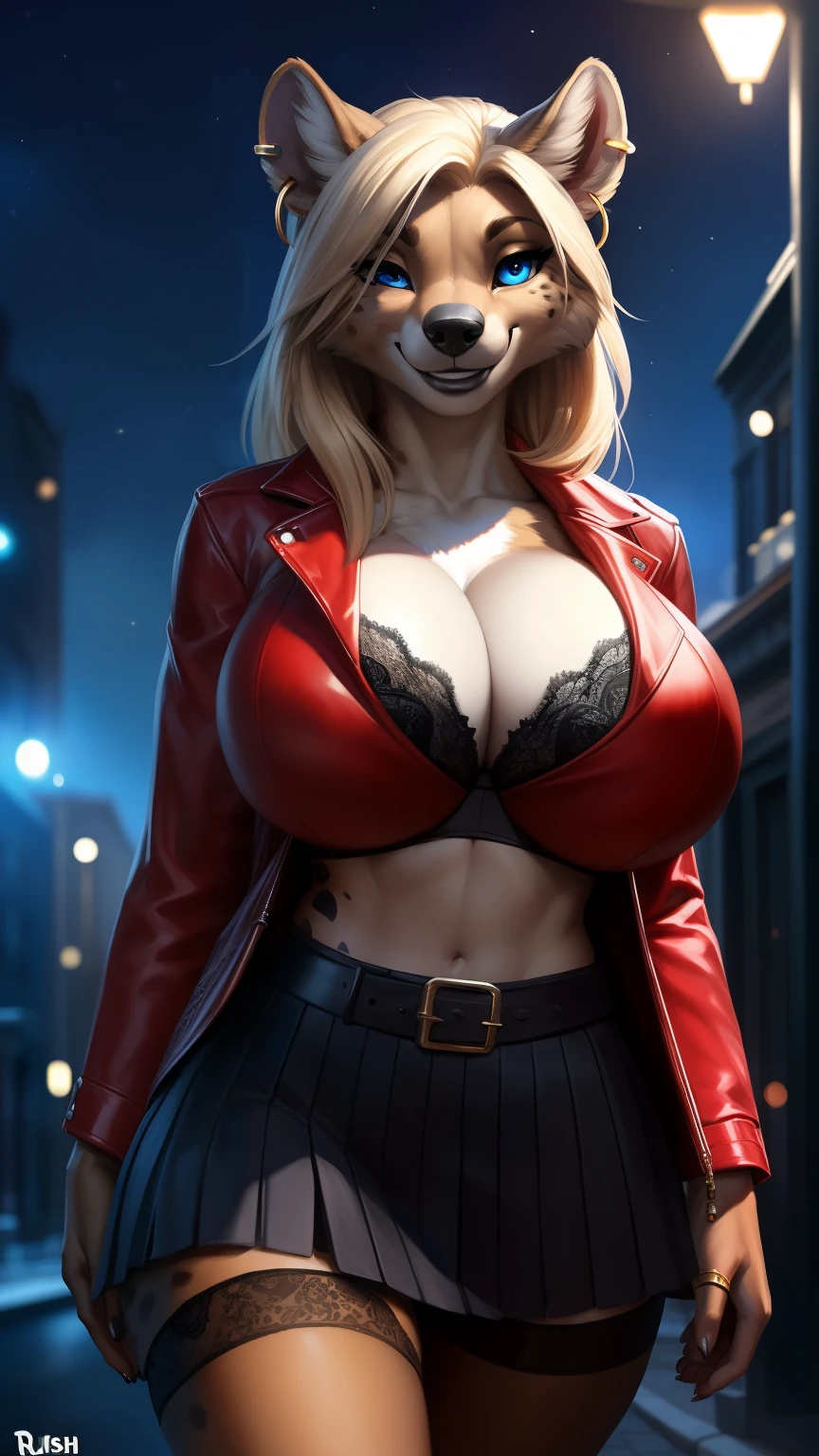 nsfw, uploaded the e621, beautiful and detailed,woman (((female))) ((anthro)) hyena, Ross Tran, by ruan jia, by zaush, by foxovh, lighting cinematic, seductor, hyena, thighighs, (huge chest) foxovh 1girls ai_generated masterpiece:1.2, best quality, realistic, (real picture, intricate details, depth of field), beautiful blonde woman, she has striking blue eyes, highly-detailed, perfect face, (huge breasts:1.5), (skindentation), thick thighs, wide hips, small waist, tall, (huge ass:1.2), blushing, sexy, Detailed body , (Detailed face:1.1), (perfect aig chest:1.3), thick eyelashes, long eyeslashes.Perfect dynamic composition, (gals:1.2), cleavage, Jewelry, earrings, Red leather jacket, Open your clothes, Tied shirt, tented shirt, Unbuttoned shirt, bra peek, Lace-trimmed bra, Belt bag, Belt bag, Pleated skirt, Lace-trimmed legwear, garter strap, See-through, hoop earrings, Gal, Evil smile, Seductive smile, blush, Pose Seductive, (Seductive smile:1.4), thick lips, Street, night sky 8k, 4K, masterpiece, Best Quality, Fantasy, Extremely detailed, Convoluted, Hyper Detailed, Detailed eyes, (Perfect face), Illustration, Soft lighting, (Specular lighting:1.2), Looking at Viewer, NSFW,
