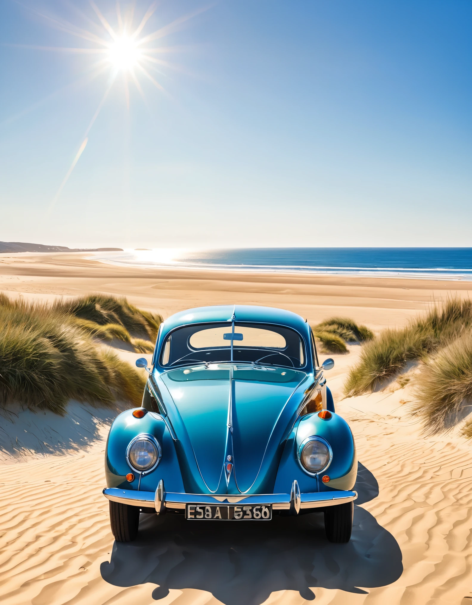 A vintage car with its doors open, parked on a sunny beach with sandy dunes and a clear sky in the background. The sunlight reflects off the windshield, capturing a moment of stillness.