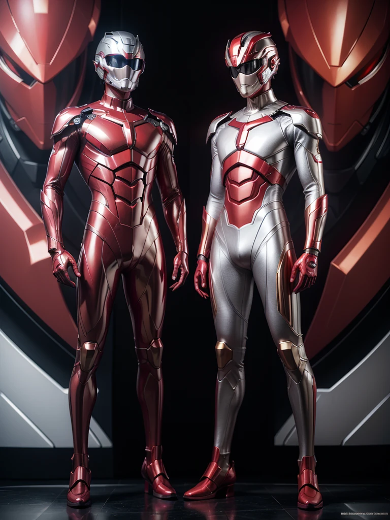 Super advanced technological metallic suit, futurist, ultra detailed 4k, red with silver and gold, diseño futurist, full body man with helmet