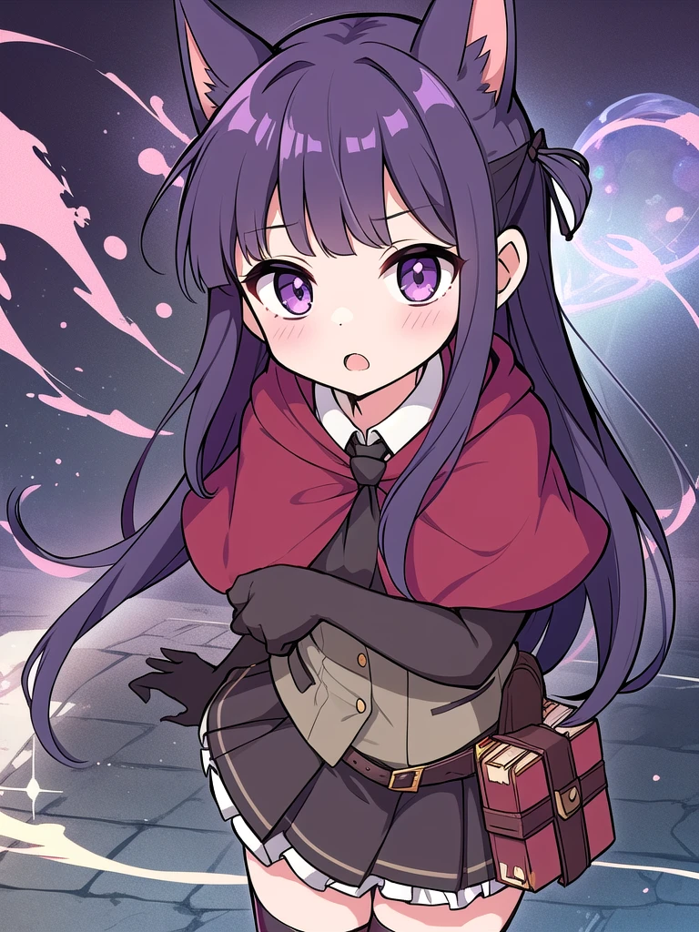 absurdres, highres, ultra detailed, kasumi, very long hair, black hair ribbon, dog_ears, purple eyes, necktie, collared shirt, black thighhighs, vest, (red capelet:1.1), pleated skirt, frills, black gloves, belt, book, HeadpatPOV, pov, headpat, :o, oudoors, nature, underwear