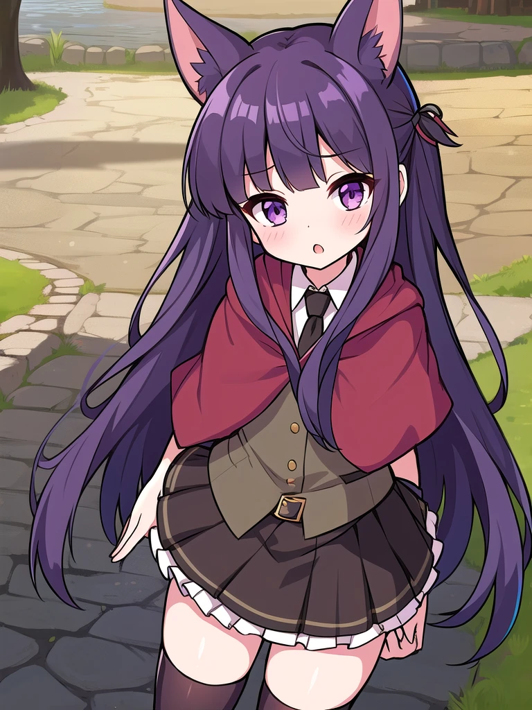 absurdres, highres, ultra detailed, kasumi, very long hair, black hair ribbon, dog_ears, purple eyes, necktie, collared shirt, black thighhighs, vest, (red capelet:1.1), pleated skirt, frills, black gloves, belt, book, HeadpatPOV, pov, headpat, :o, oudoors, nature, underwear