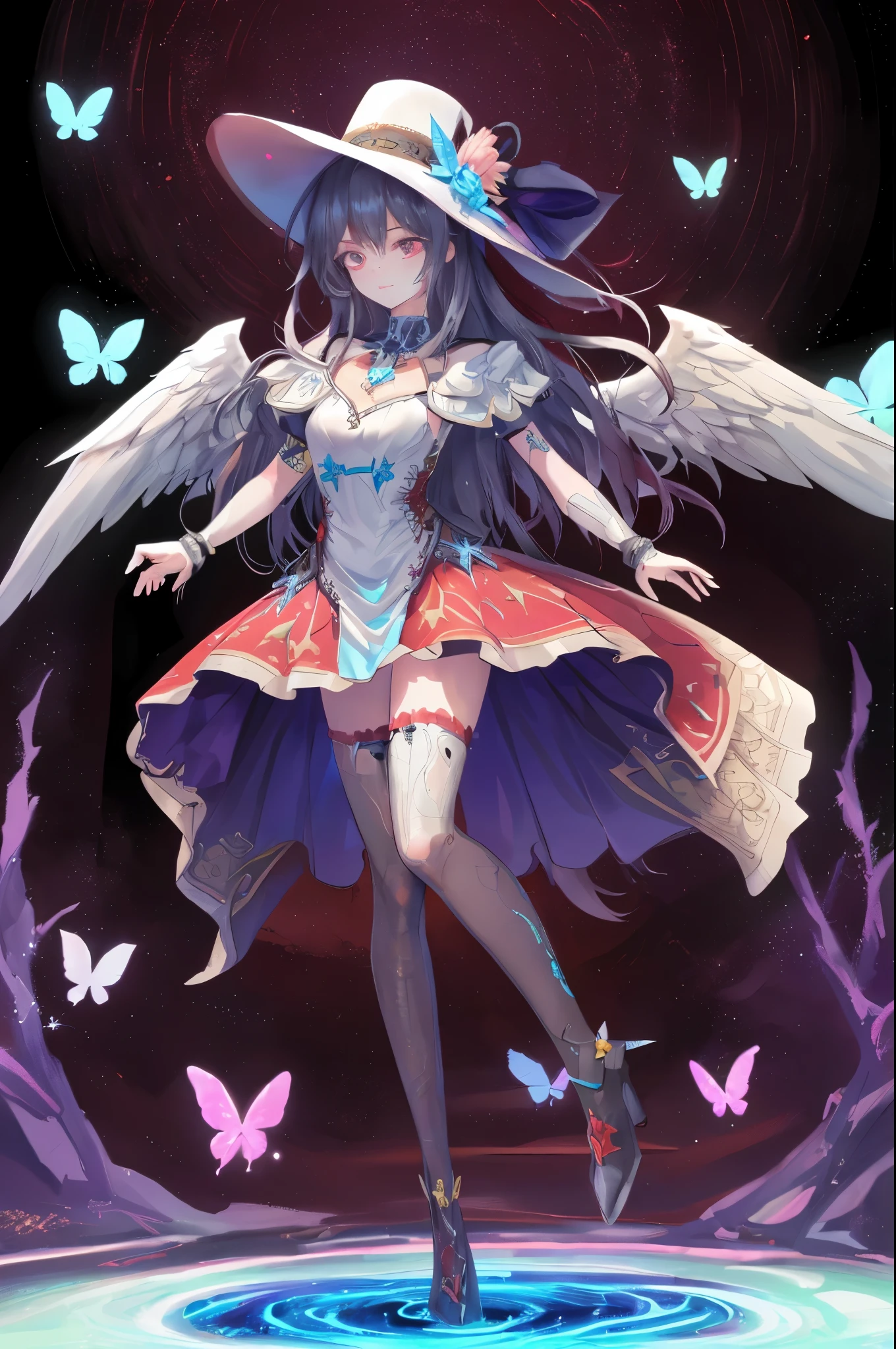 Absurd , High resolution, Super detailed, (One girl:1.3), break, Fantastic dresses, hat, break, Light Persona, Dark person, Mind control, fractal, whole body, Sealing, Artistic Background, Blue bioluminescence, Geometric, organic, bless, agreement, Sublime, Majestic, Noble, expand, solvable, anti-gravity, antimatter, A guardian angel, holy, sacred, spiritual, Dignified, Red bioluminescence, flower, Holographic Wing, magic cirlcle, Photon, butterfly, scale, Milky Way, Beark,