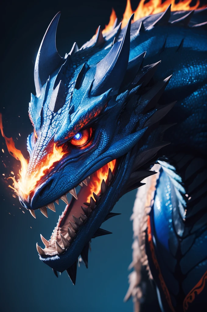 Um animal, blue color dragon, strong and ferocious, with clear side lighting, Eyes red, on fire. Blue dark background
