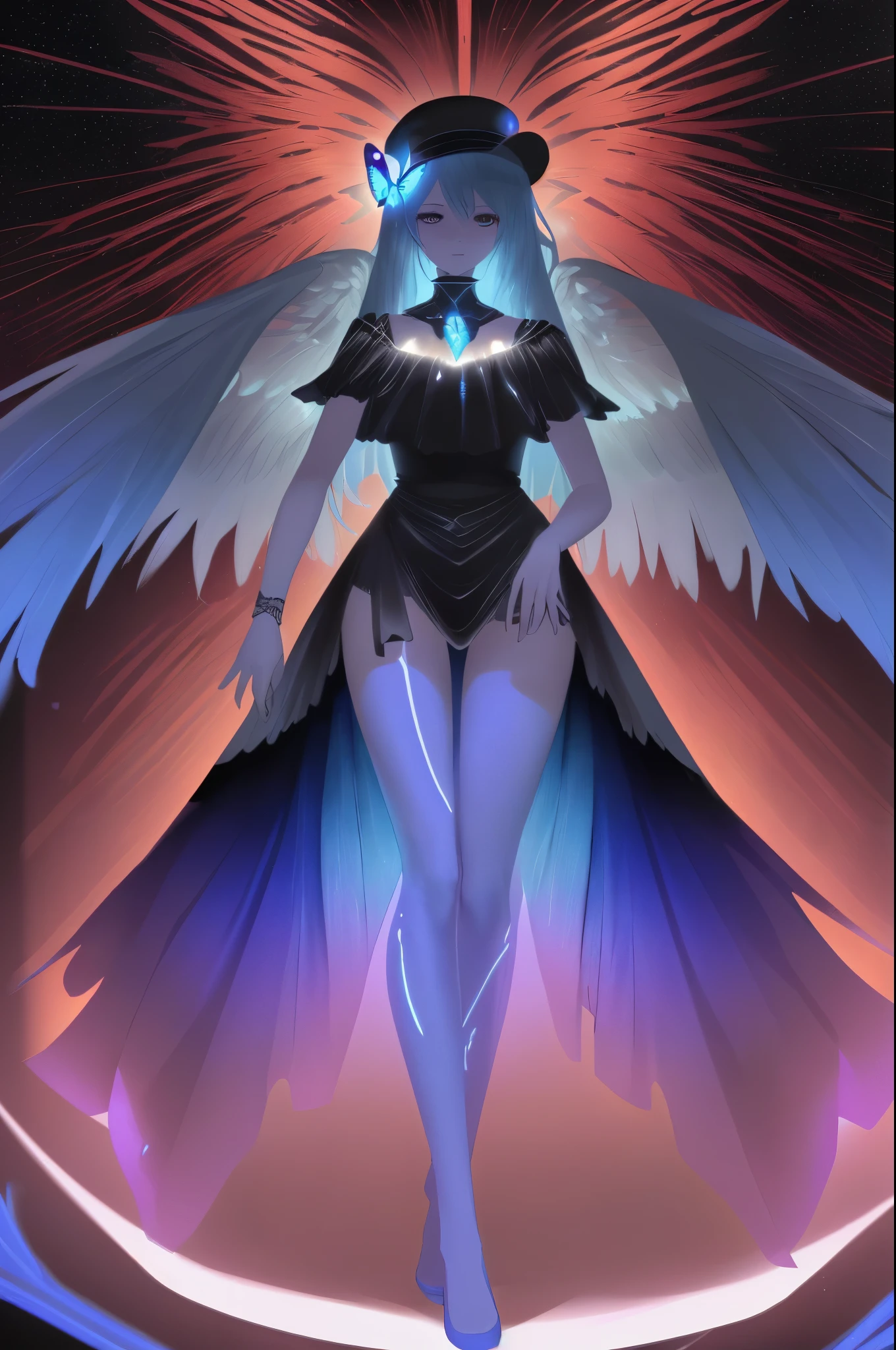 Absurd , High resolution, Super detailed, (One girl:1.3), break, Fantastic dresses, hat, break, Light Persona, Dark person, Mind control, fractal, whole body, Sealing, Artistic Background, Blue bioluminescence, Geometric, organic, bless, agreement, Sublime, Majestic, Noble, expand, solvable, anti-gravity, antimatter, A guardian angel, holy, sacred, spiritual, Dignified, Red bioluminescence, flower, Holographic Wing, magic cirlcle, Photon, butterfly, scale, Milky Way, Beark,