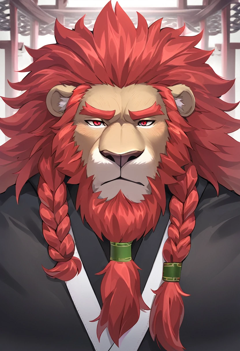 lion，personification，Mature male，Strong Man，Red hair，Cold expression，Red pupil，Gray eyebrows，Braids，Black Hanfu，temple。