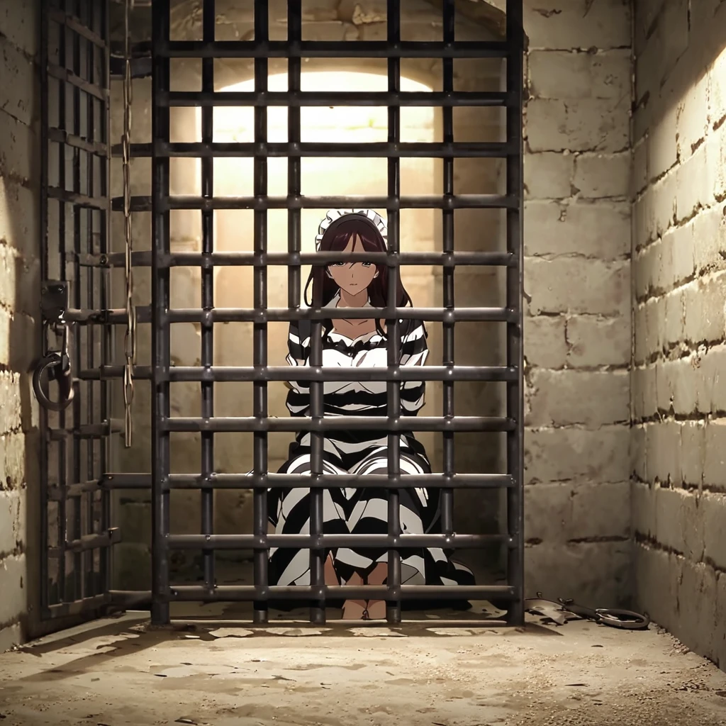 Closeup photo, Woman sitting on the floor of a prison cell, longdress, black hijab, perpetrator, confinement, restrained, Bind, Tied arms behind, sitting in a prison, in a prison cell, stood in a cell, sitting in a dark prison cell, in the Prison, in prison, in a small prison cell, the woman is Behind bars, promo still, prisoner, prison cell, prison, Behind bars, with prison clothing, olivia pope, tv show still,torn clothes、A maid uniform torn to pieces,Behind bars, promo still, prisoner, prison cell, prison, Behind bars, sitting in a dark prison cell, in the Prison, in prison, in a small prison cell, the woman is Behind bars, promo still, prisoner, prison cell, prison, Behind bars,