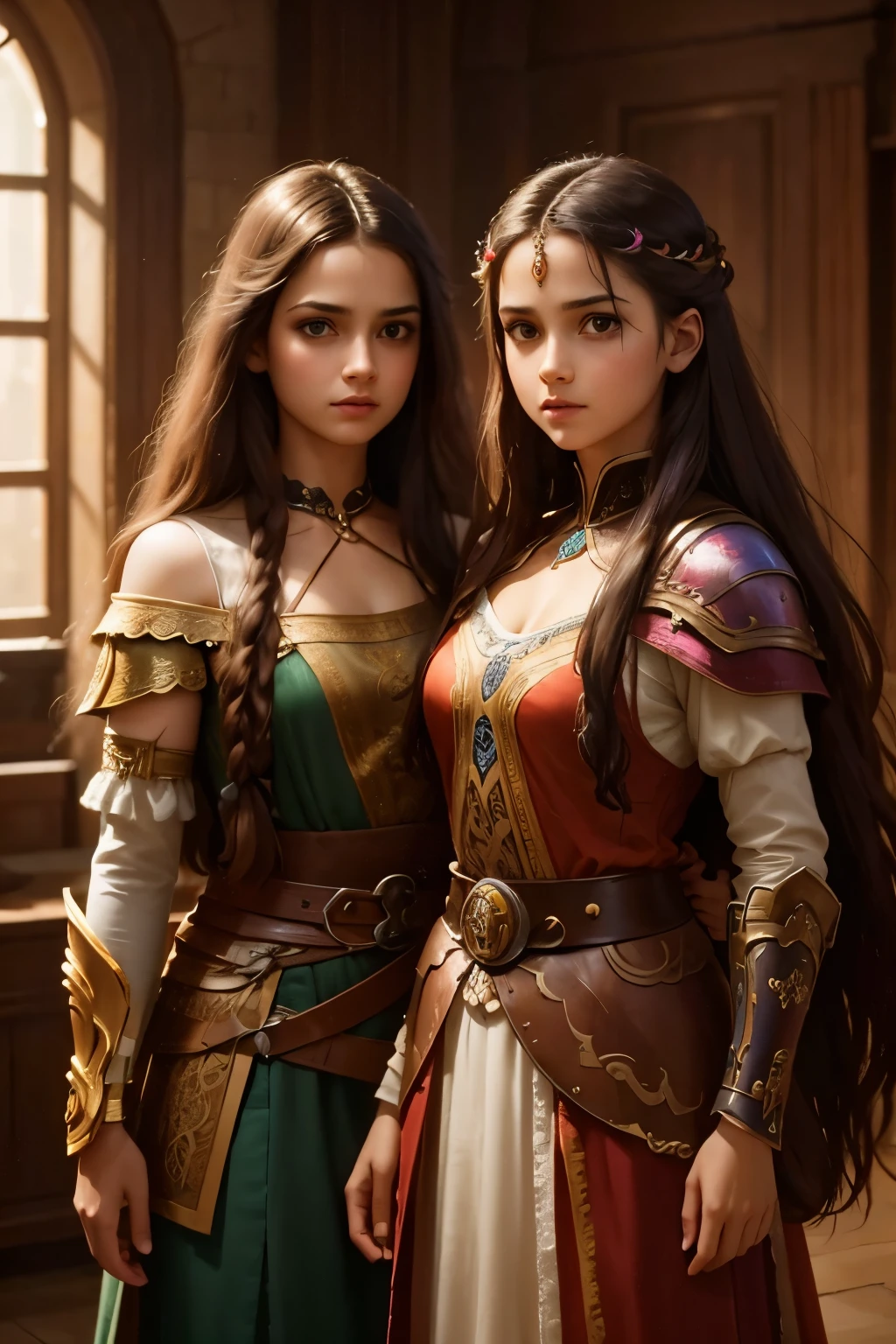 beautiful (warrior princesses), colorful and intricate hair with, two sisters and 13 years oldbeautiful lighting, vibrant lighting, intricate, highly detailed, elegant, smooth, by Ruan Jia and Artgerm and Anton Fadeev,