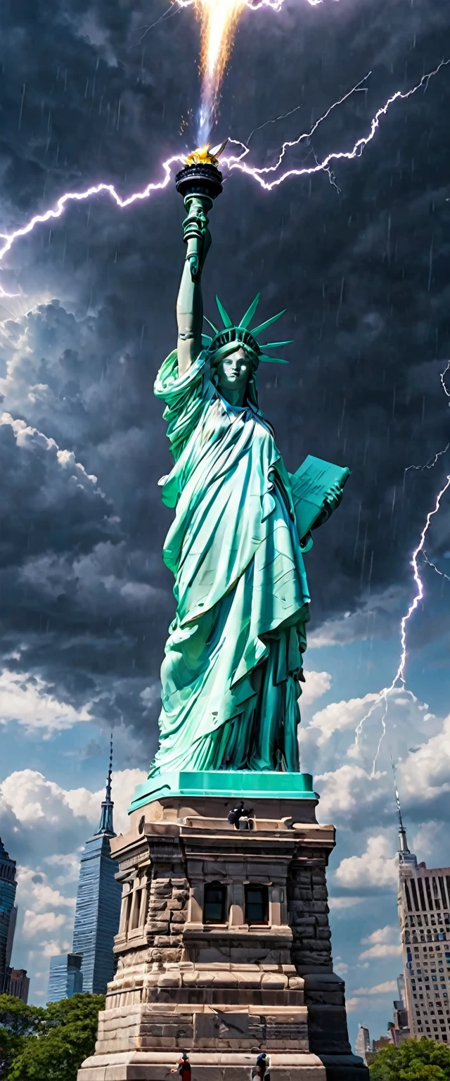 Crystal Cloud, Atmospheric perspective、Dark Clouds、Statue of Liberty in New York、Lightning strikes the torch of the goddess statue、New York skyscrapers can be seen in the background、Shooting with a wide-angle lens, 8K, Super detailed, Accurate, Highest quality, lightning、Clear images、High color reproducibility、Attention to detail、Live Action、Fascinating、