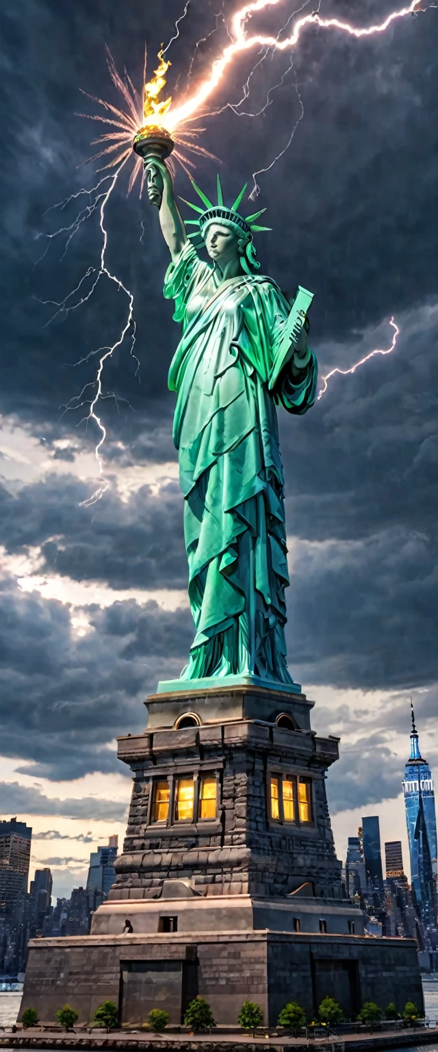 Crystal Cloud, Atmospheric perspective、Dark Clouds、Statue of Liberty in New York、Lightning strikes the torch of the goddess statue、New York skyscrapers can be seen in the background、Shooting with a wide-angle lens, 8K, Super detailed, Accurate, Highest quality, lightning、Clear images、High color reproducibility、Attention to detail、Live Action、Fascinating、