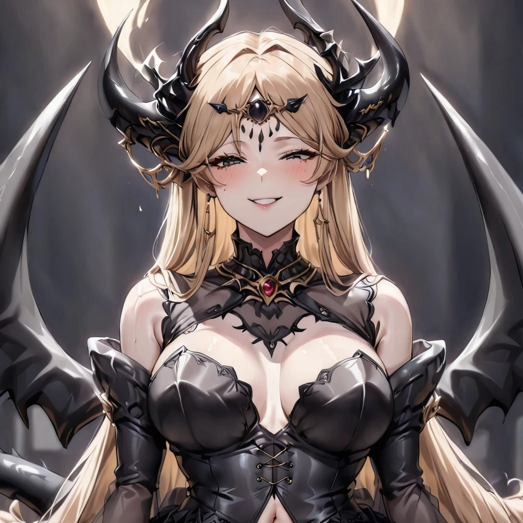 ((Highest quality)), ((masterpiece)), (detailed), （Perfect Face）、The woman is the bride of the Demon King, the Dark Queen of the Black Moon Clan, the Demon Queen, and a sexy female demon with jet black skin.、The woman is a jet-black female demon with magnificent devil horns, jet-black devil wings, and a jet-black tail. Her skin is jet-black, and her gorgeous black skin is visible through a black see-through ta Gothic Victorian wedding dress, a black wedding veil, and a black see-through cape. She is a demon bride, the jet-black demon Princess Serenity, looking at the camera with a happy expression, and has medium-long light brown hair and the expression of a maiden in love.、