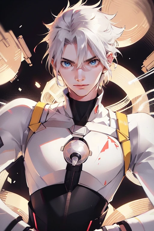 1 male (tall man, slim, manly, dominate,  white messy hair, yellow eyes, tough, wearing a sci-fi space outfit.) best quality, ultra-detailed, illustration, complex, detailed, extremely detailed, detailed face, soft light, soft focus, perfect face, illustration, full body pose, tight outfit. 