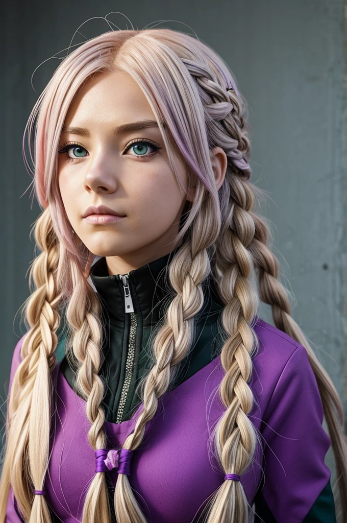 A Boku no hero style anime girl with long ash blonde hair, The braided ash red fringe, green and purple eyes, Expression would be