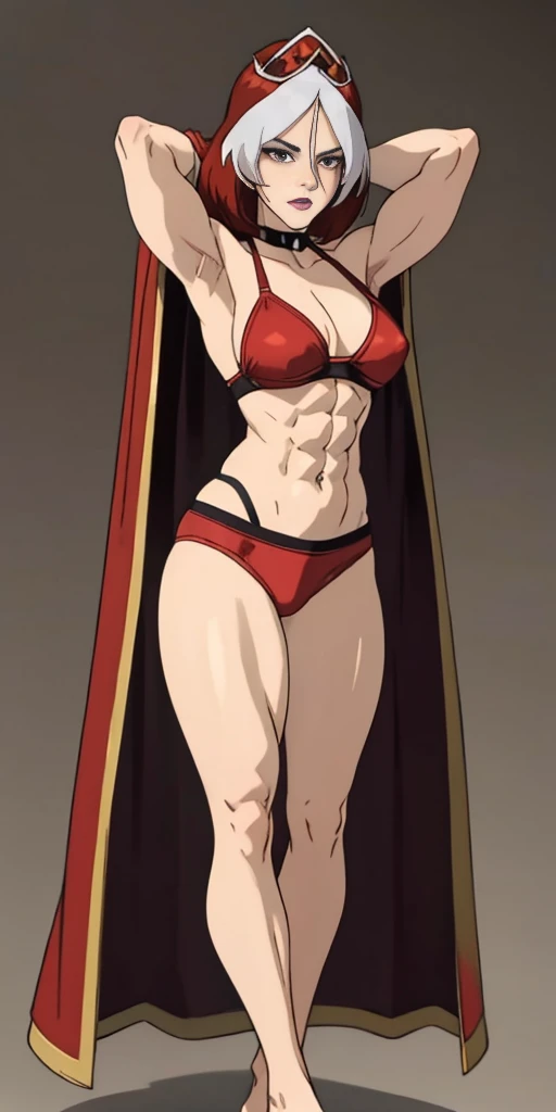 1sologirlRogue looking to viewer, standing on 1leg wearing red bikini outfit, long red hair and short white hair, long red cape, leather choker, full body toe to head, barefeet, tiara, muscle tone body abs, navel, ARMS UP showing shaved armpits, short hair (hands behind head) grey eyes, gem, circlet, jewelry, tiara (plain background)