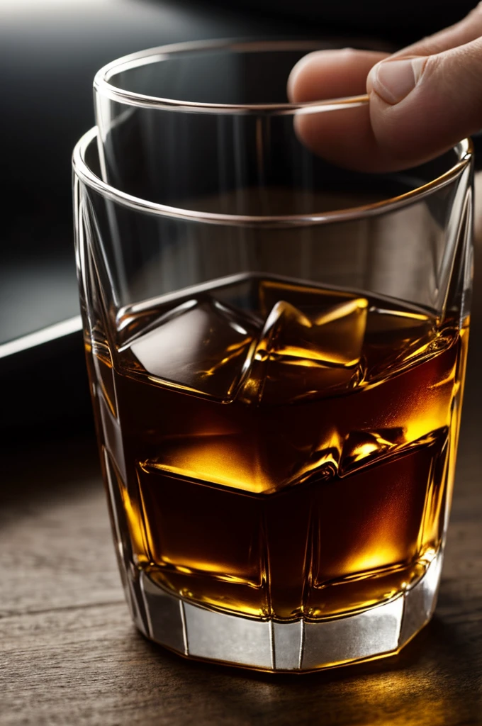 Glass of whiskey with a mans hand near it 
