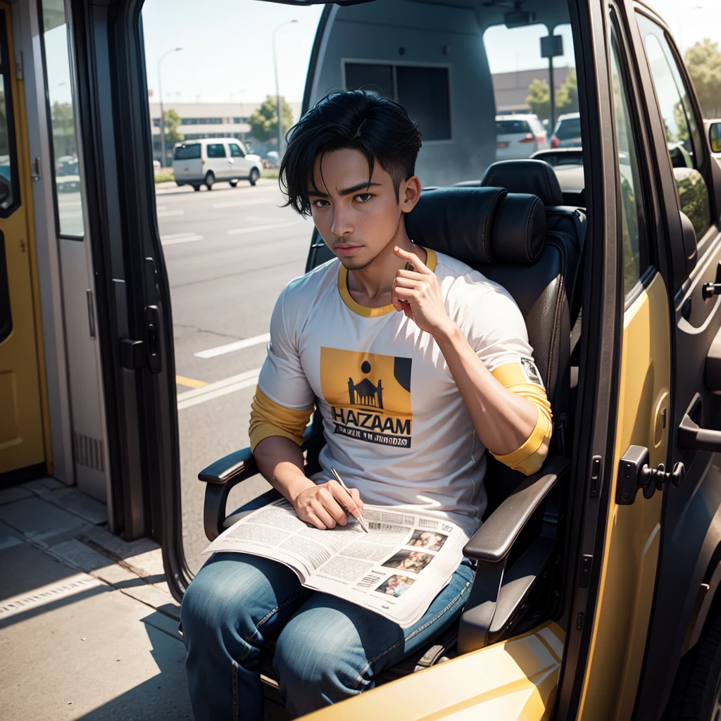 man in a hazmat reading a newspaper