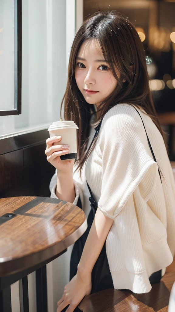 Medium Pair、Cafe、wall、white、Coffee on the table、Fashionable clothes