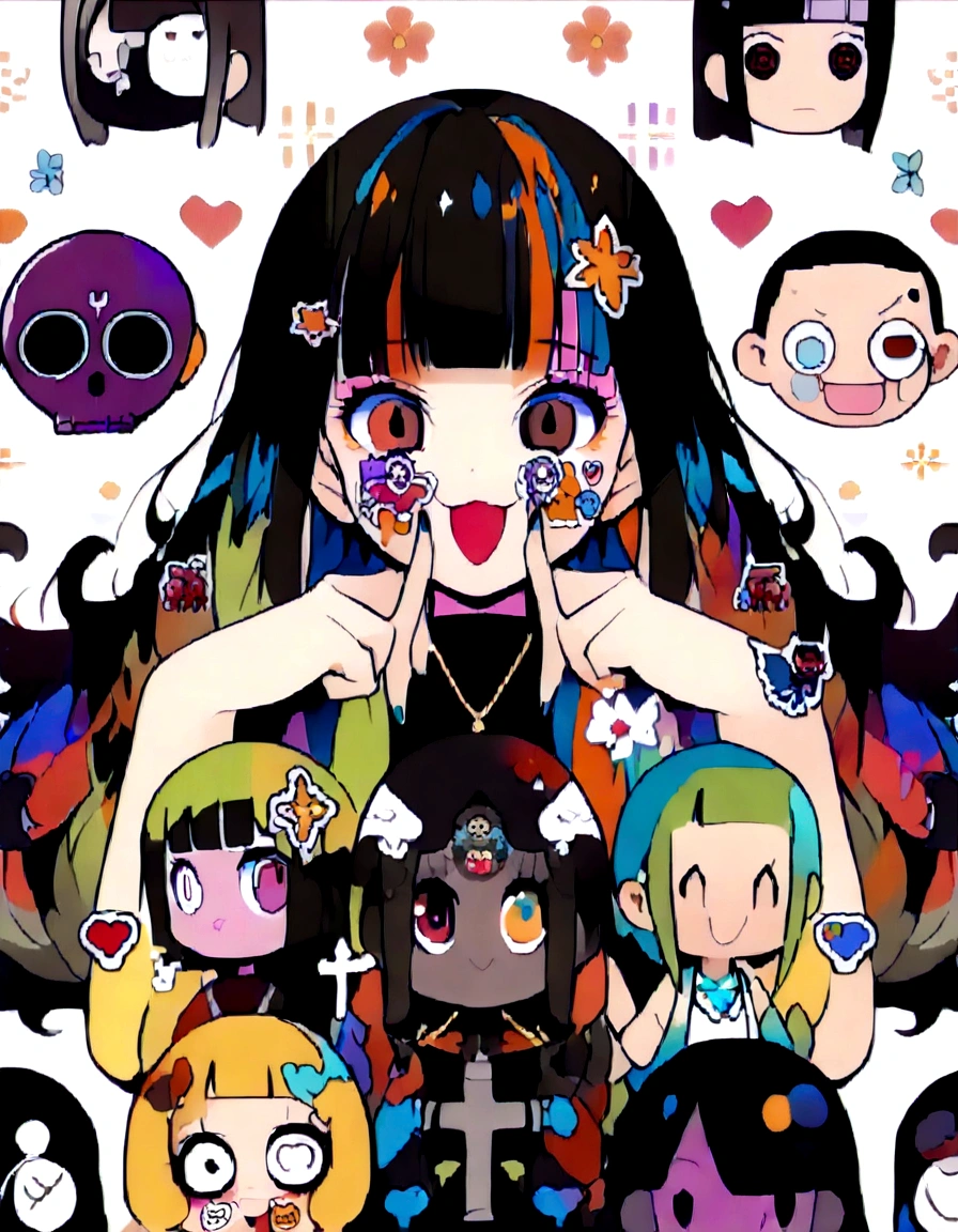 smile、smile、Open your mouth wide、嘲smile、Finger prick、Black Hair、Black Feather、Gothic Punk、sit on a chair, cross one's legs、Throne、,anime zombie witch design, crossbones, skulls, street wear design, pro vector, Horror style, full design, 6 colors only, solid colors, no shadows, full design, sticker, bright colors, white background.super fine illustration,(((beautiful fine hair))),(((beautiful fine face))),(((beautiful fine background))),(((beautiful fine hair))),(((beautiful fine face))),(((beautiful fine background))),Midsummer、beachBlack Hair、blunt bangs、Cross-eyed