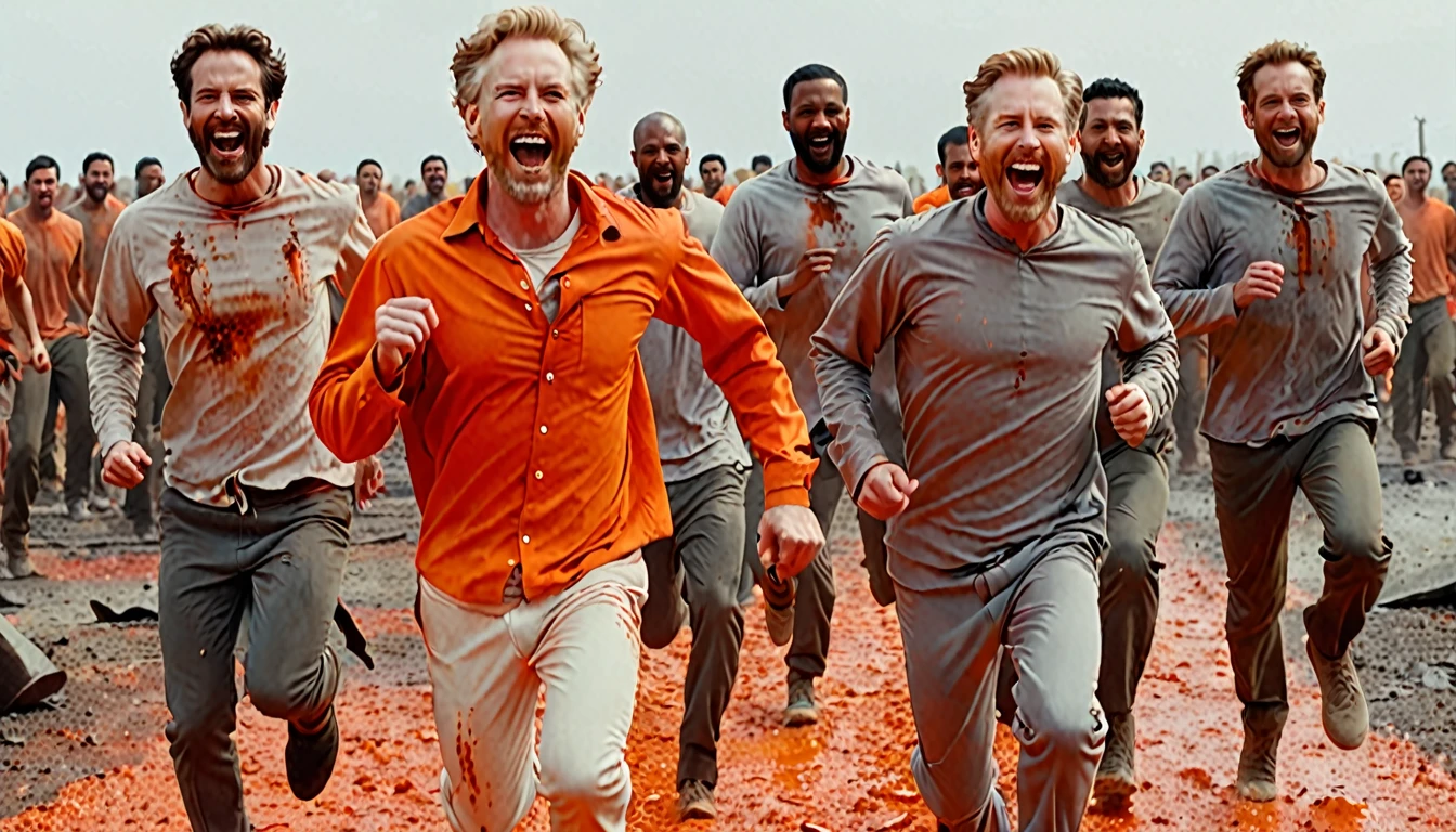 4 white men chained together at the waist running, 3 men behind in gray clothes, 1 man in front, well highlighted in opaque orange clothing, detailded, in front of everyone, men smiling, all with shirts, a little torn, in hell, Red setting,