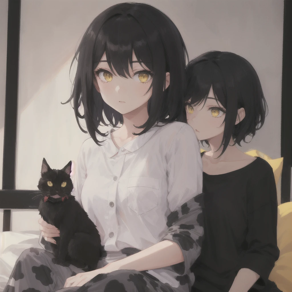 1girl, Black cut hair, yellow eyes, black pijamas, black background, enamored, loved,