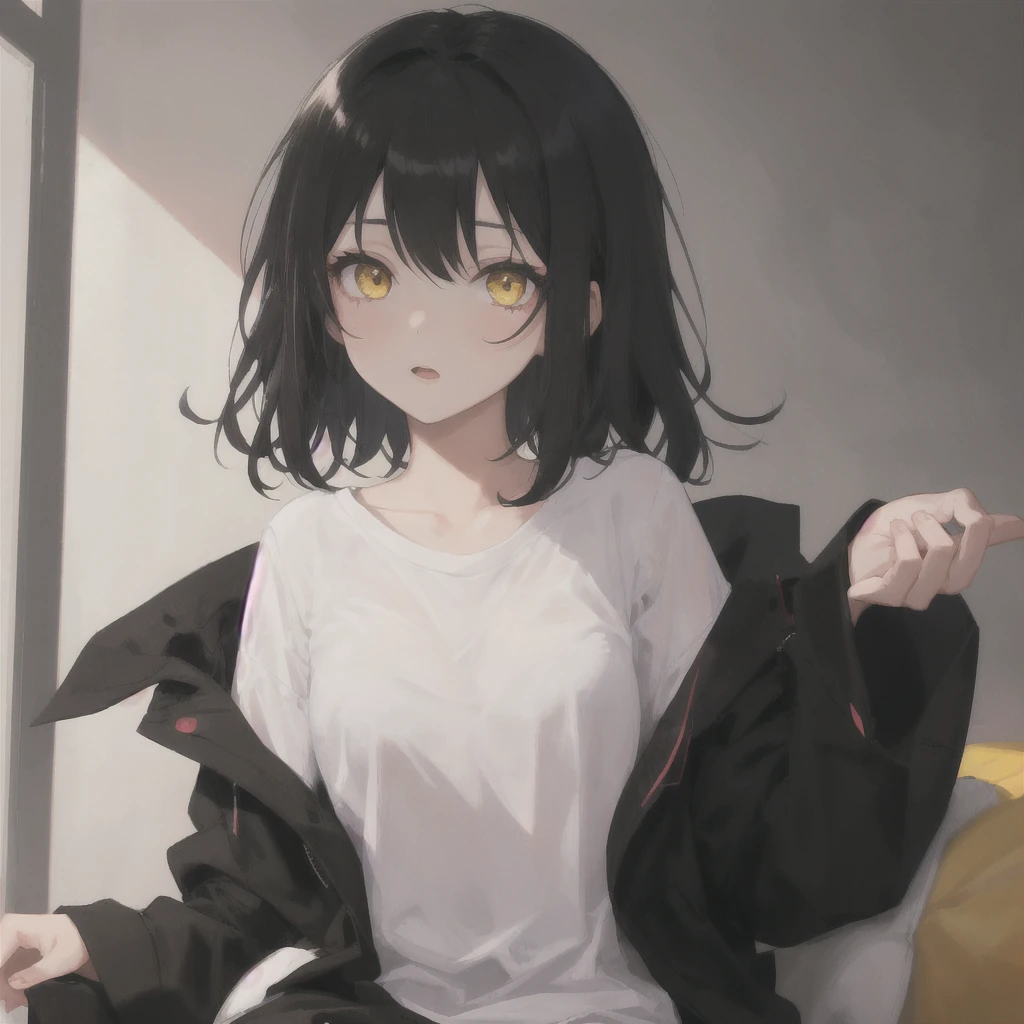 1girl, Black cut hair, yellow eyes, black pijamas, black background, enamored, loved,