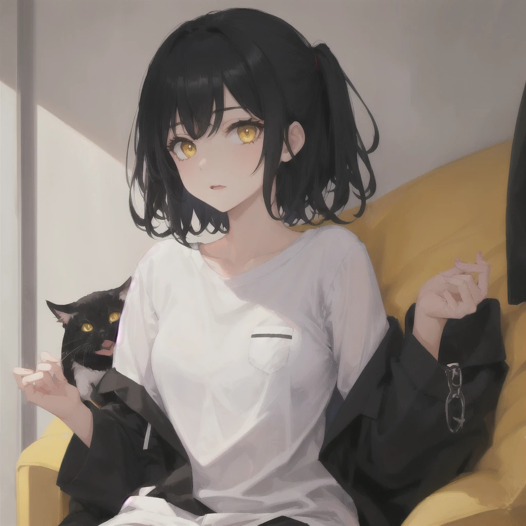 1girl, Black cut hair, yellow eyes, black pijamas, black background, enamored, loved, 