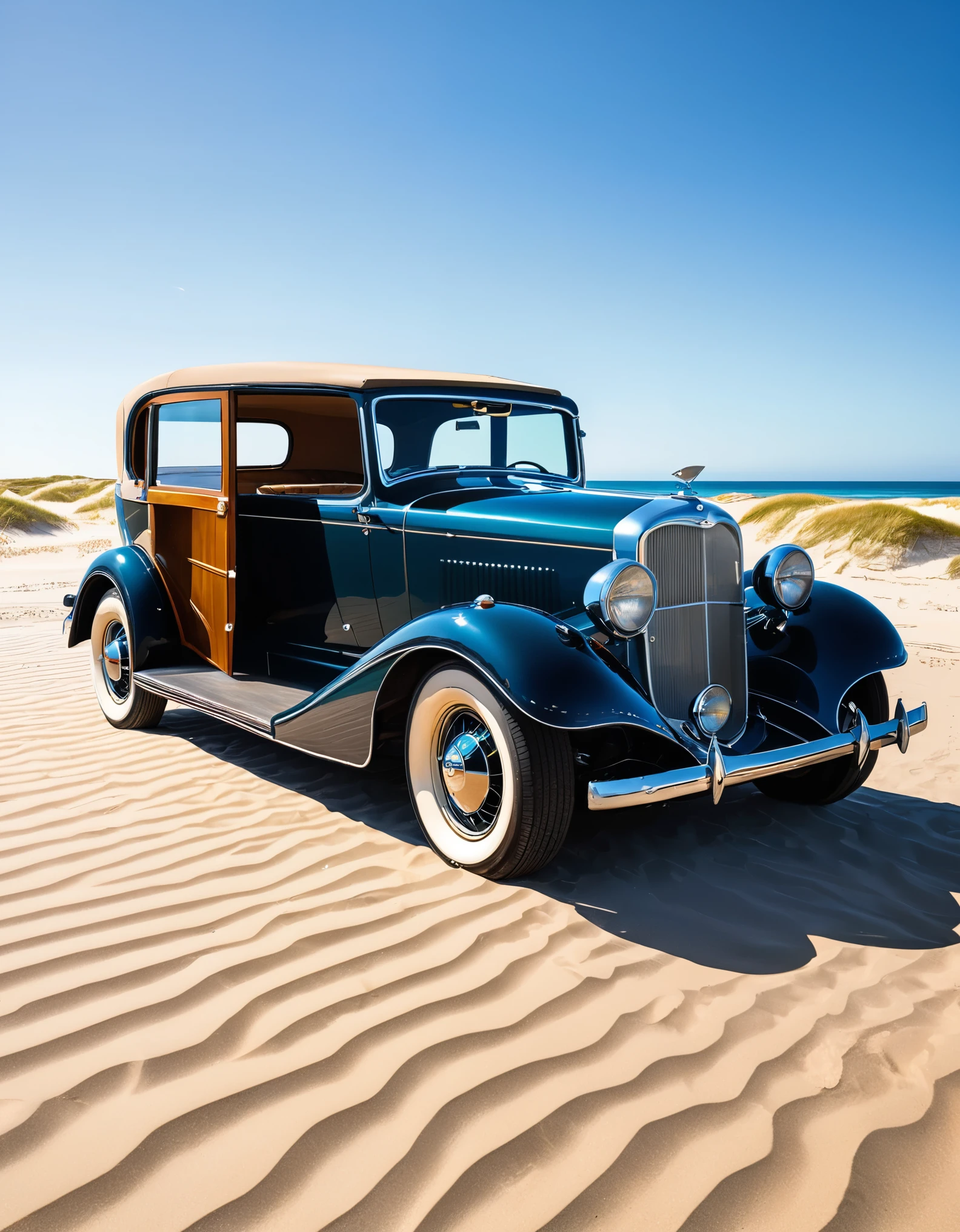 A vintage car with its doors open, parked on a sunny beach with sandy dunes and a clear sky in the background. The sunlight reflects off the windshield, capturing a moment of stillness.