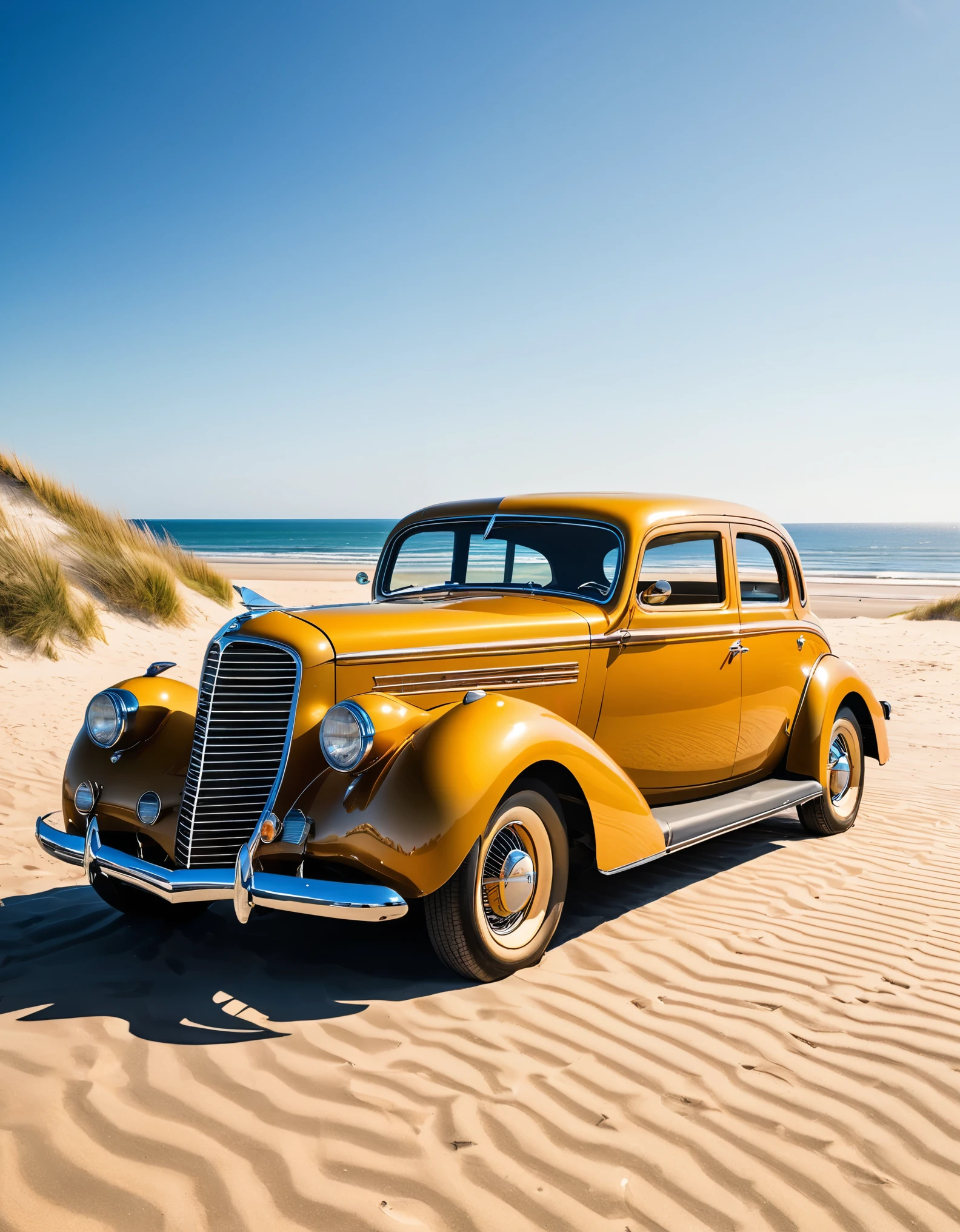 A vintage car with its doors open, parked on a sunny beach with sandy dunes and a clear sky in the background. The sunlight reflects off the windshield, capturing a moment of stillness.