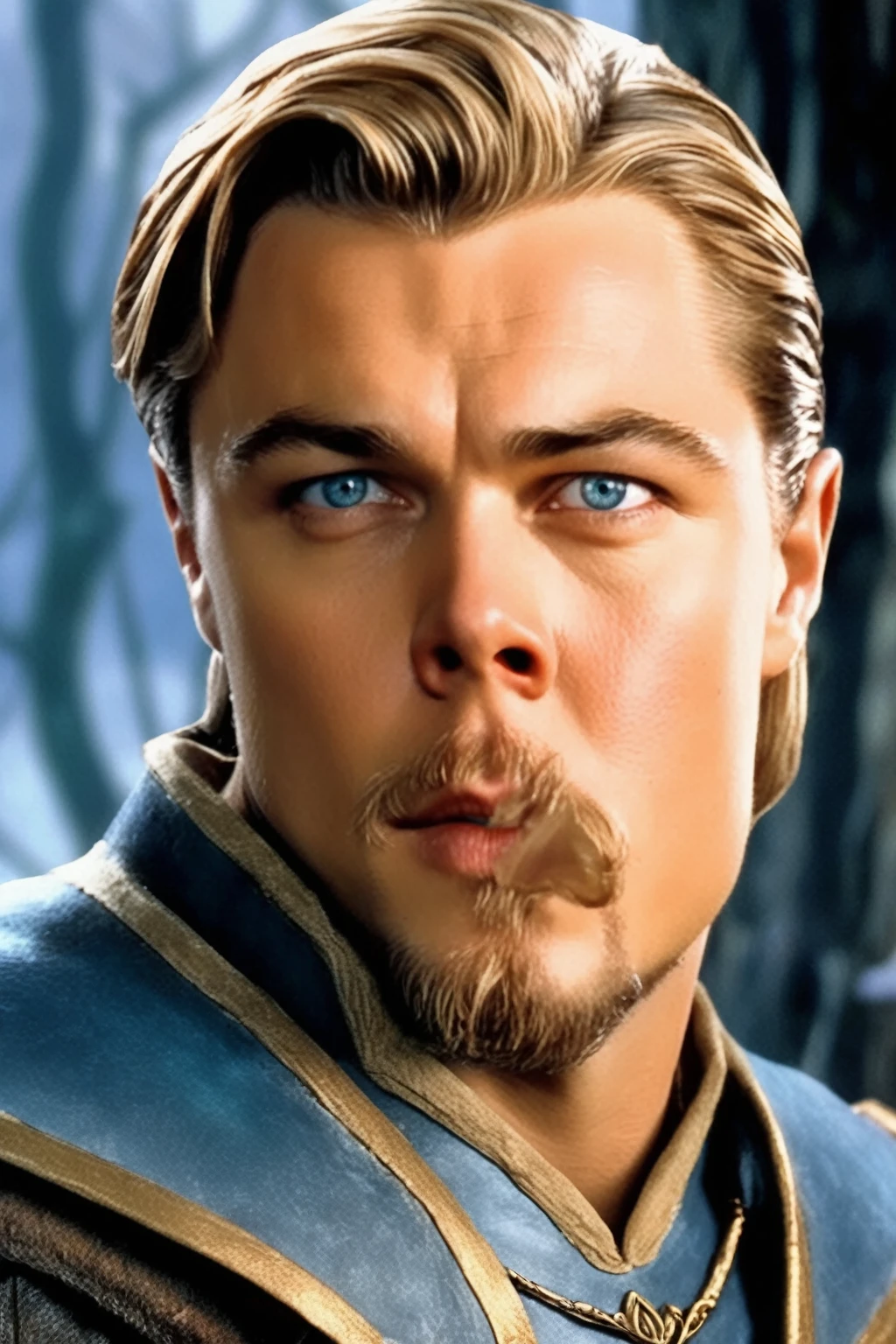 leonardo dicaprio young, fantasy, medieval, blonde hair, blue eyes, elf ears, elven prince, slick back hair, short hair, icey look, no beard, elven ears, elven, elf, prince, armor, medieval background, HD, handsome face, leonardo titanic movie,elf ears.