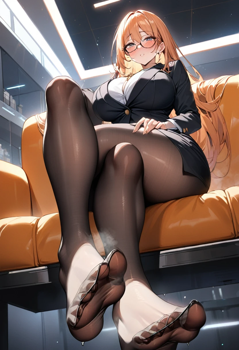 1woman, milf, thick body, big breasts, perfect breasts, sexy looking, sexy pose, very light orange hair, straight hair, black pantyhose, black pantyhose covers feet, teacher outfit, black office jacket, black pencil skirt, glasses, golden Necklace, ultra orgasmed face, very horny face, lustful face, feet seen, cute feet, perfect feet, feet, sitting on a black coach, in an high office building, vibrant light, pastel light colors, master piece, ultra high quality, high detailed, best quality, light from side, bottom view, a lot of semen on feet, view from below, foot focus, dark atmosphere, crossed legs, both feet seen,