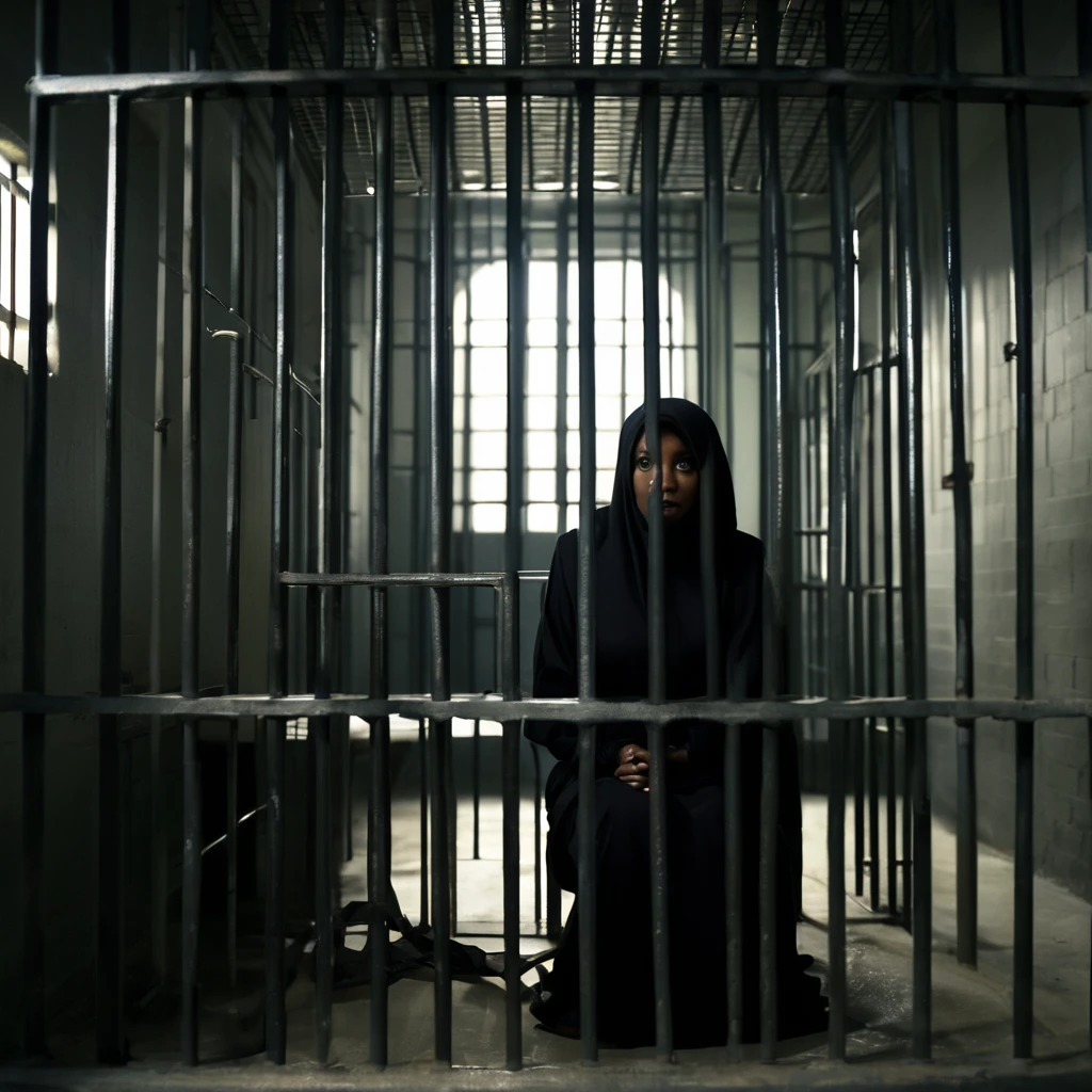 Closeup photo, Woman sitting on the floor of a prison cell, longdress, black hijab, perpetrator, confinement, restrained, Bind, Tied arms behind, sitting in a prison, in a prison cell, stood in a cell, sitting in a dark prison cell, in the Prison, in prison, in a small prison cell, the woman is Behind bars, promo still, prisoner, prison cell, prison, Behind bars, with prison clothing, olivia pope, tv show still,torn clothes、A maid uniform torn to pieces,Behind bars, promo still, prisoner, prison cell, prison, Behind bars, sitting in a dark prison cell, in the Prison, in prison, in a small prison cell, the woman is Behind bars, promo still, prisoner, prison cell, prison, Behind bars,