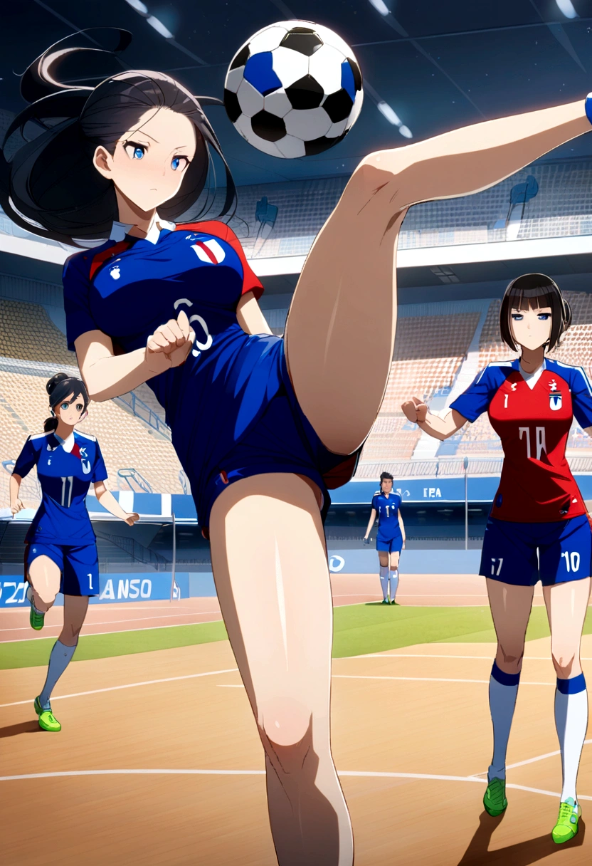 (anime,2D)Women,soccer player,clear skin,thin face ,blue eyes,pupil with stars,black hair,long,fringe,standard height,big breasts,small waist,long legs,France national team uniform,on a court,kicking the ball
