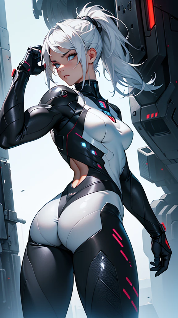 Beautiful cybernetic girl detailed muscles realistic masterpieces full figure pose (best quality,ultra-detailed), white hair in ponytail, fair skin, fit body, slim figure, narrow waist, large buttocks, (cocky expression), black carbon fiber cybernetic mobile combat suit