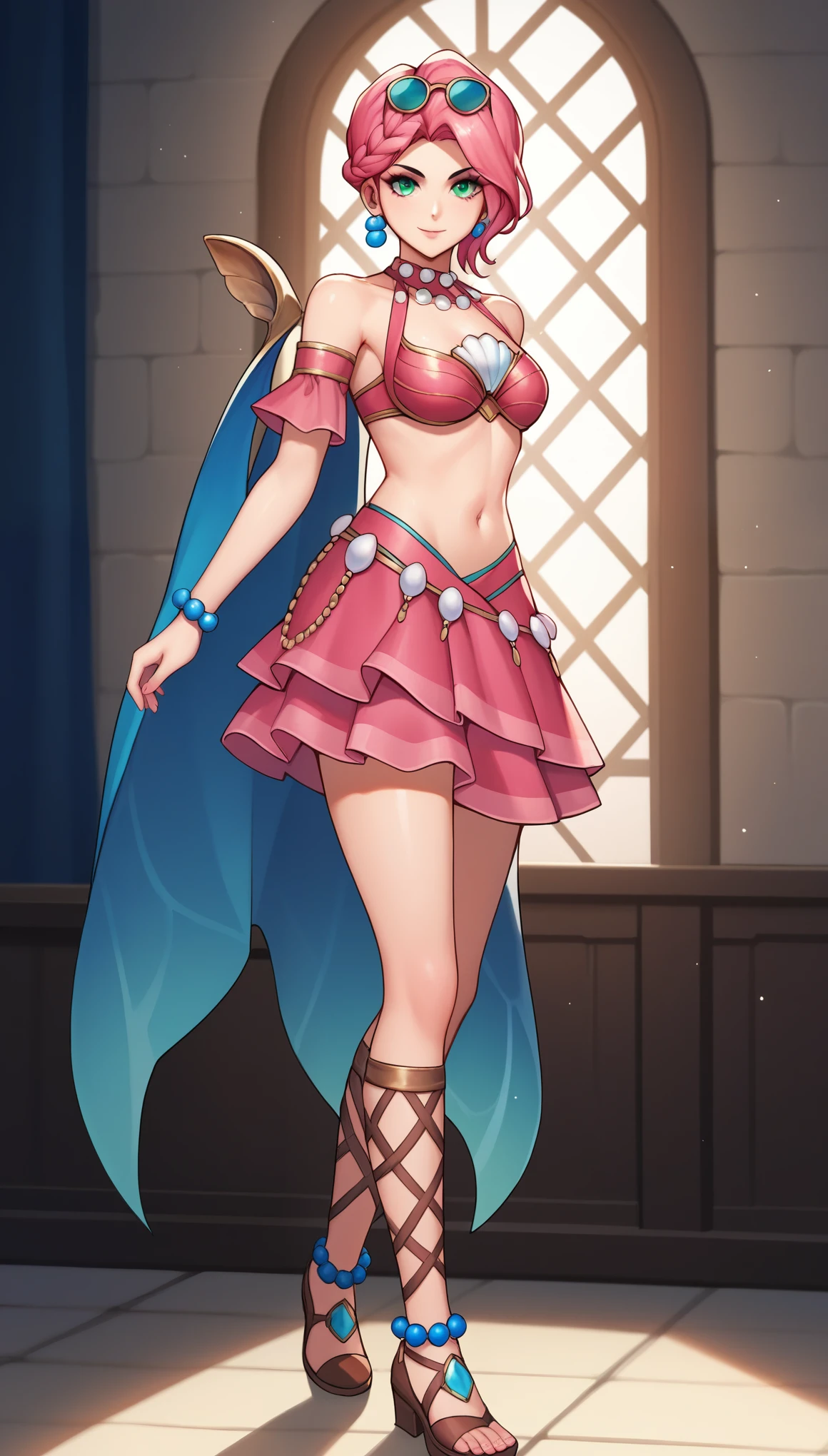 score_9, score_8_up, score_7_up, score_6_up, score_5_up, score_4_up, BREAK, AsheOSXL, green eyes, pink hair, short hair, braid, bangs, eyewear on head, blue bead earrings, medium breasts, blue cape, jewelry, pearl necklace, bare shoulders, shell, pink only top bikini, pink armlet, blue bead bracelet, navel, pink skirt, brown footwear, solo, standing, looking at viewer, indoors
