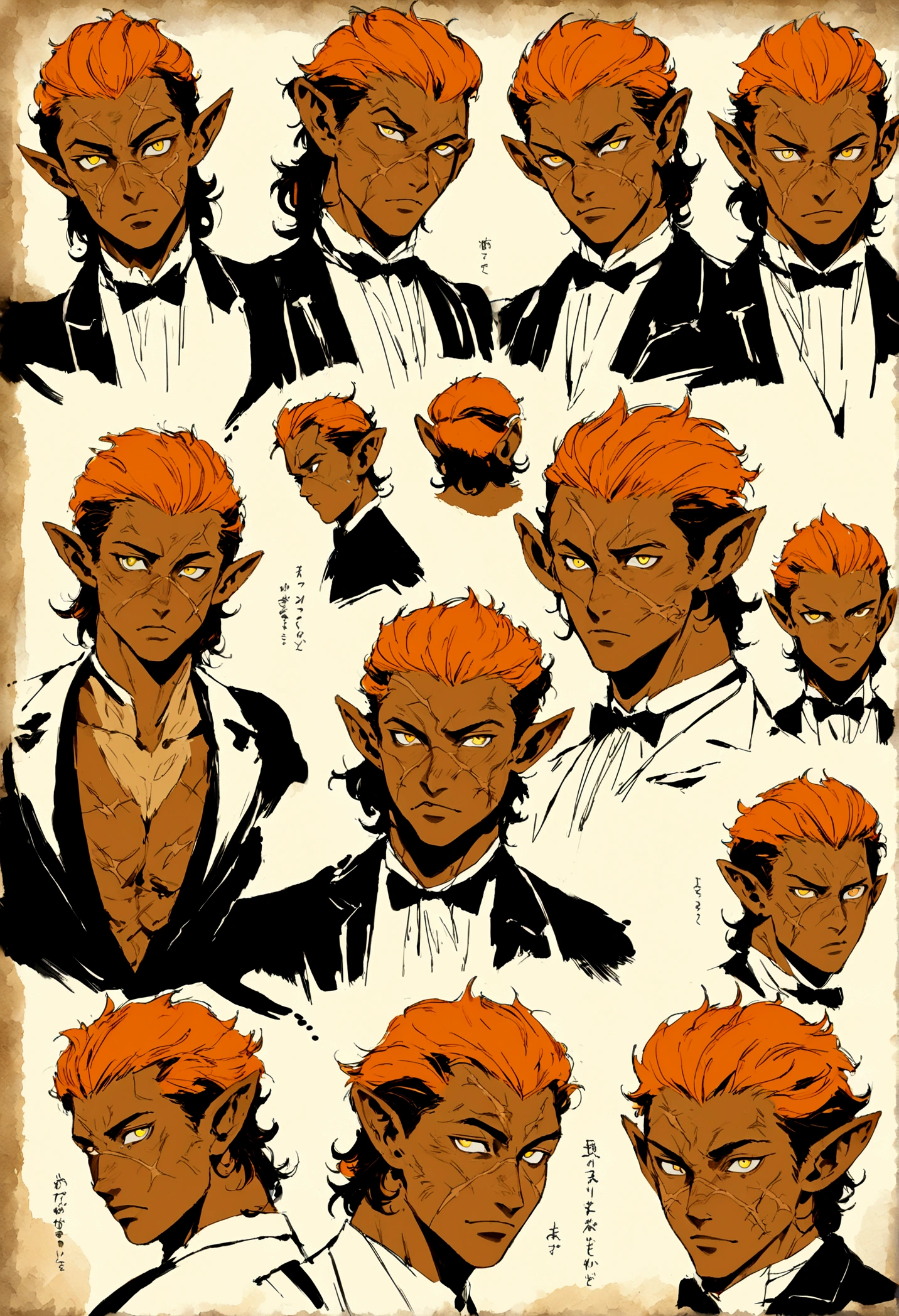 One adult male butler, athletic build, werewolf aesthetic, warm tan skin, yellow eyes, curly orange hair with black ends, Hair pushed back and set, warm and classy, many different expressions and poses, pointy ears, scars on face, character poster, reference sheet, semi realistic illustration style, painterly anime style, high definition