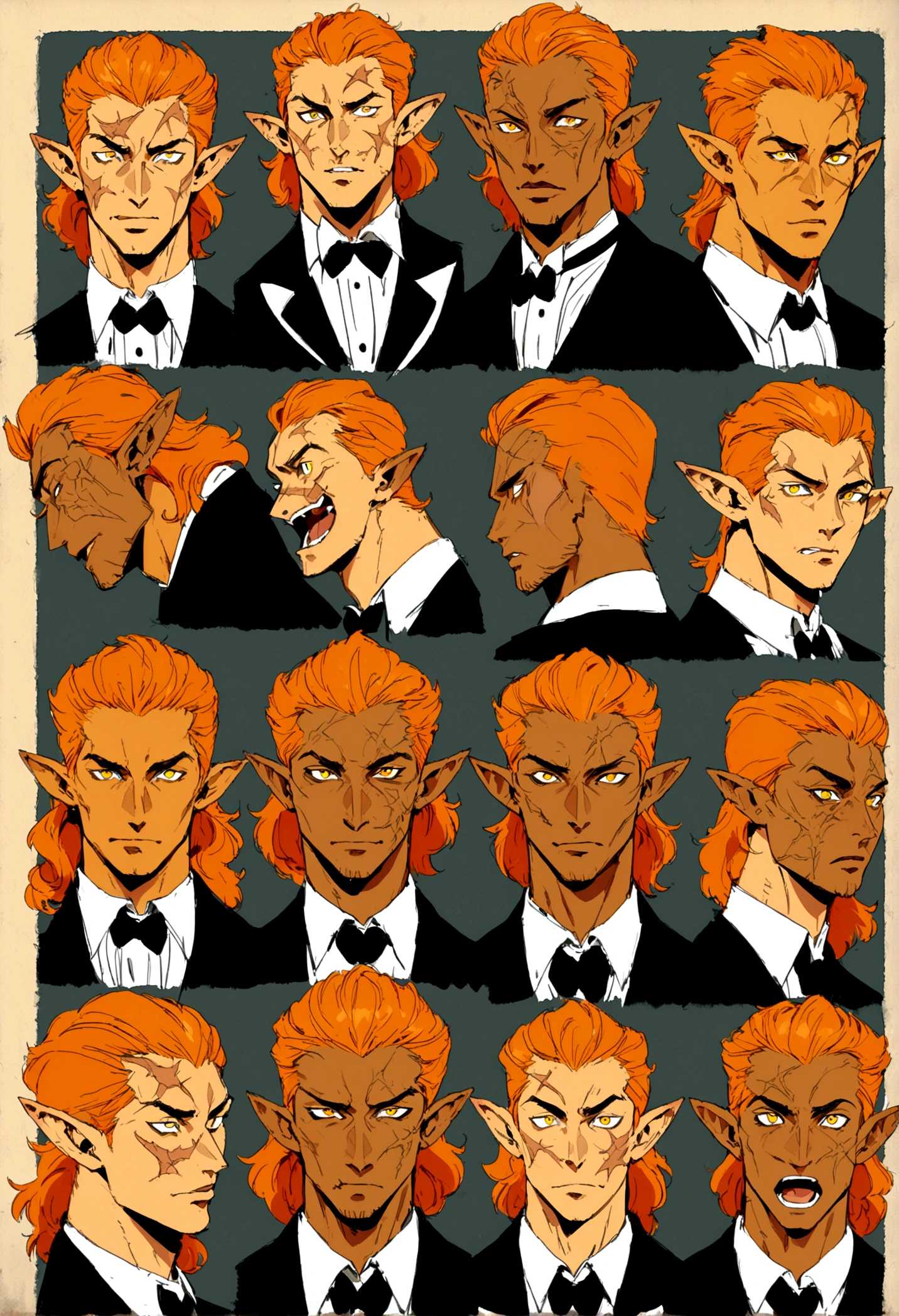 One adult male butler, athletic build, werewolf aesthetic, warm tan skin, yellow eyes, curly orange hair with black ends, Hair pushed back and set, warm and classy, many different expressions and poses, pointy ears, scars on face, character poster, reference sheet, semi realistic illustration style, painterly anime style, high definition