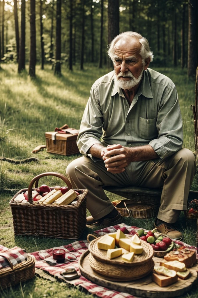 Good looking ancient vintage old man, on a picnic in a forest